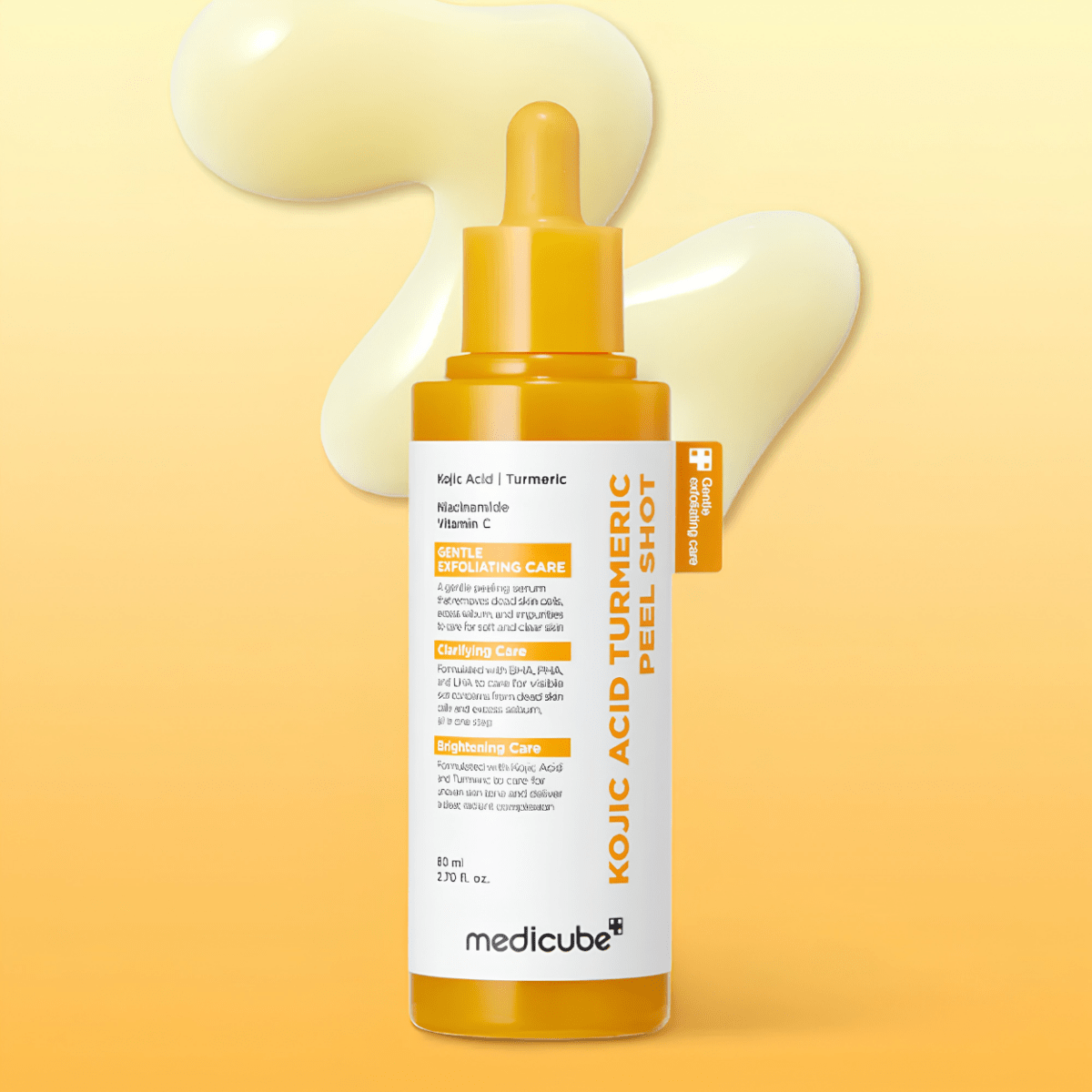 Lakinza K-beauty Medicube Kojic Acid Turmeric Peel Shot serum in an 80ml bottle with a white and yellow label, placed on a white background.