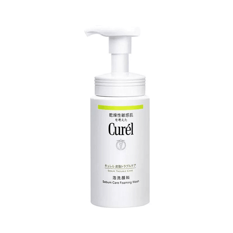 HYAKU Beauty & Living Kao Curel Sebum Care Foaming Wash cleanser in 150ml bottle with foam texture and white packaging.