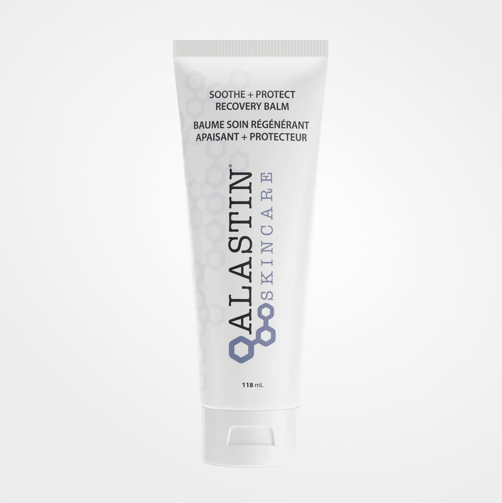 Alastin Soothe + Protect Recovery Balm in a jar, used for post-procedure skin care, with a clean, minimalist packaging design.