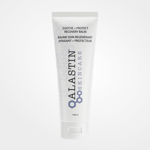 Alastin Soothe + Protect Recovery Balm in a jar, used for post-procedure skin care, with a clean, minimalist packaging design.