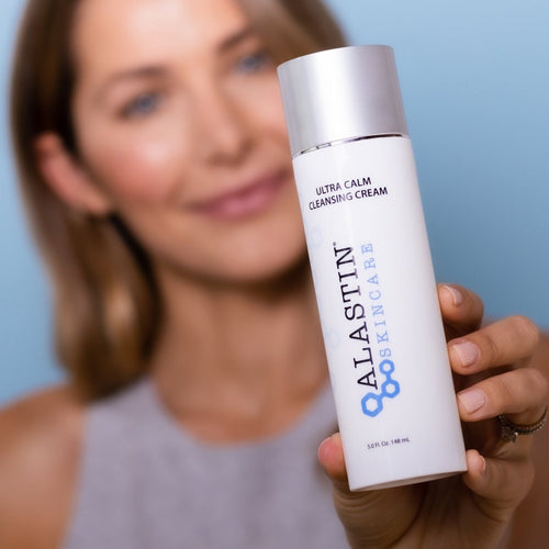 wedoskin Alastin Ultra Calm Cleansing Cream in a white tube with a blue cap, designed for gentle skin cleansing.