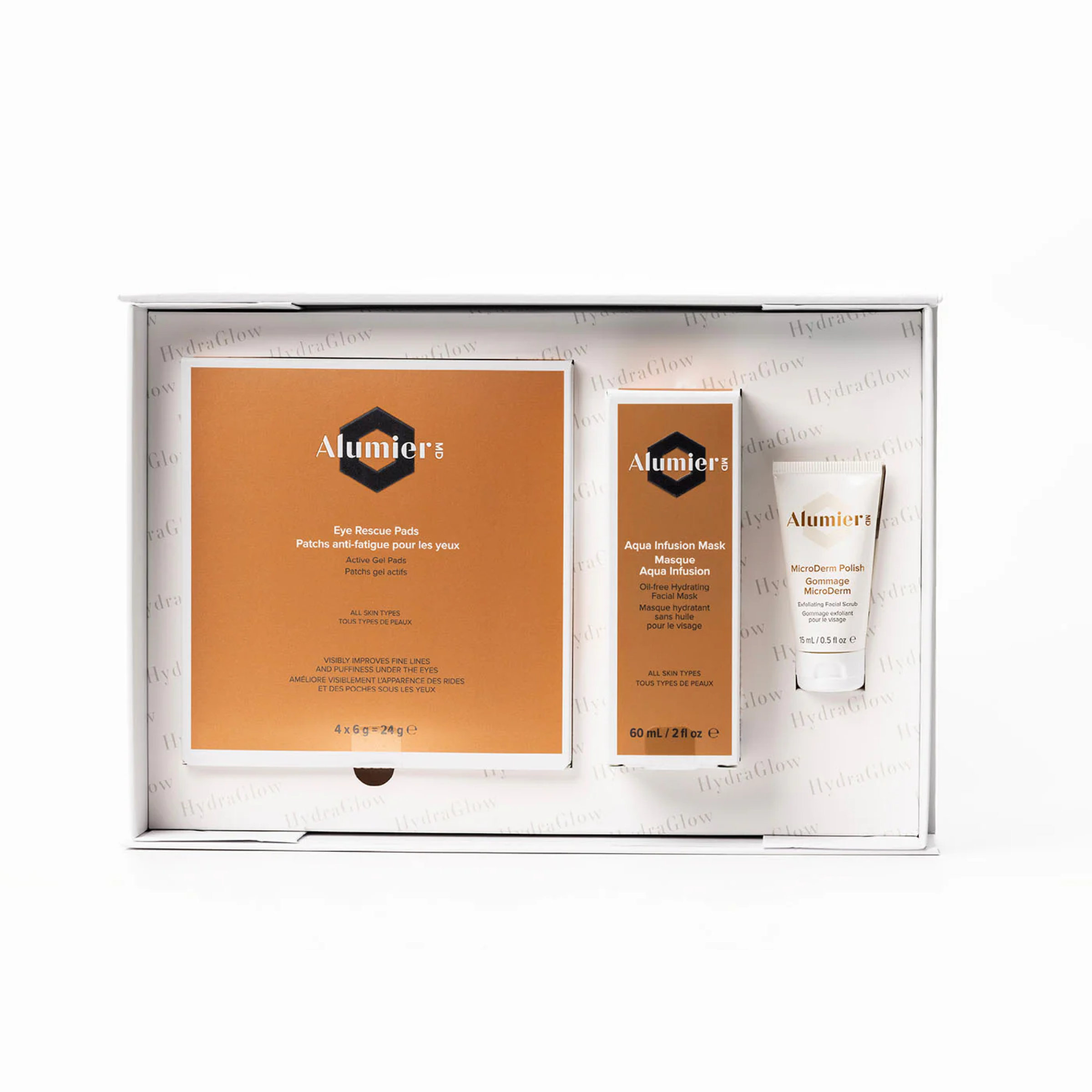 Alumier HydraGlow energizing gift set by wedoskin, featuring skincare products in a limited edition program and kit package.