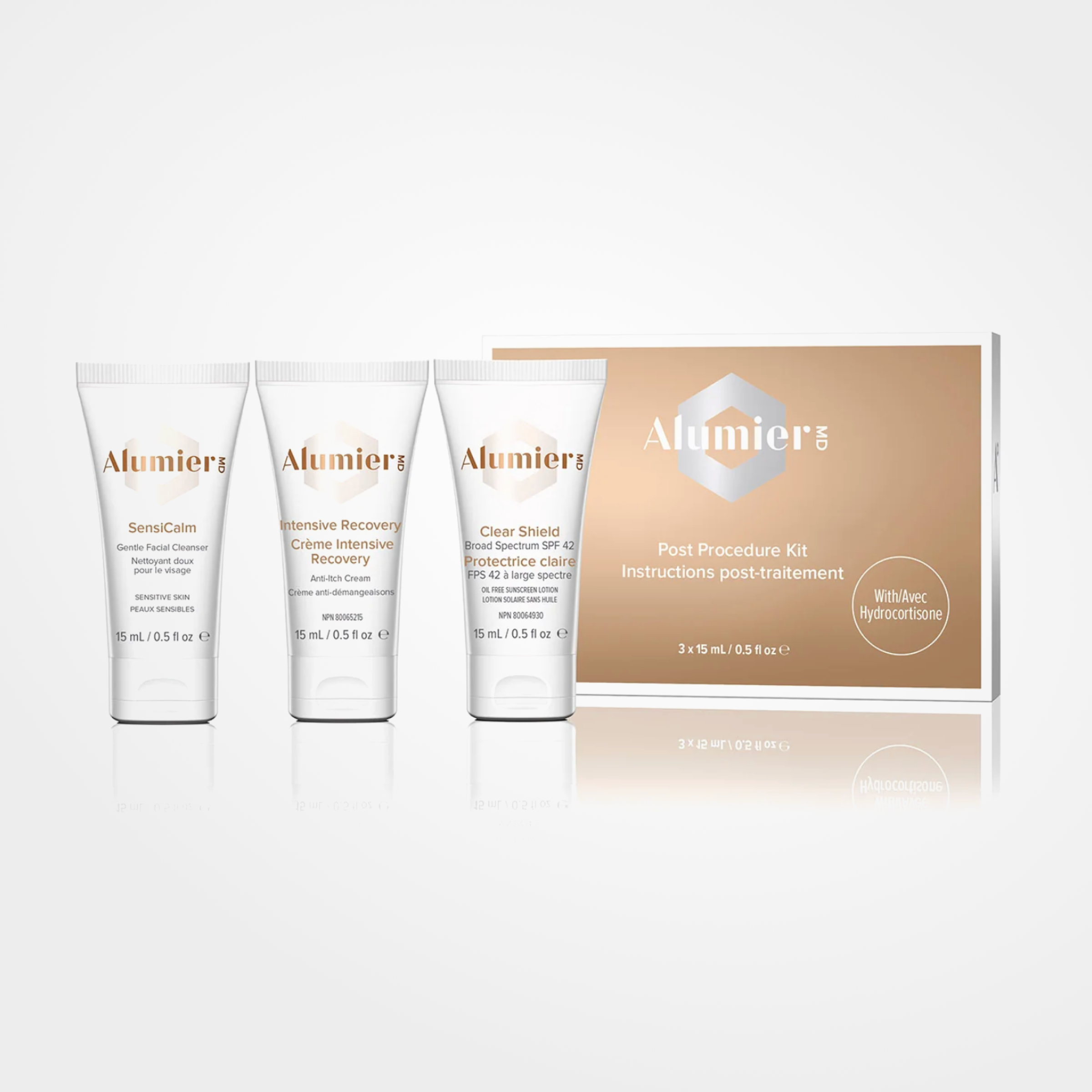 AlumierMD post-procedure kit with hydrocortisone from wedoskin, includes skincare products for healing and soothing skin.