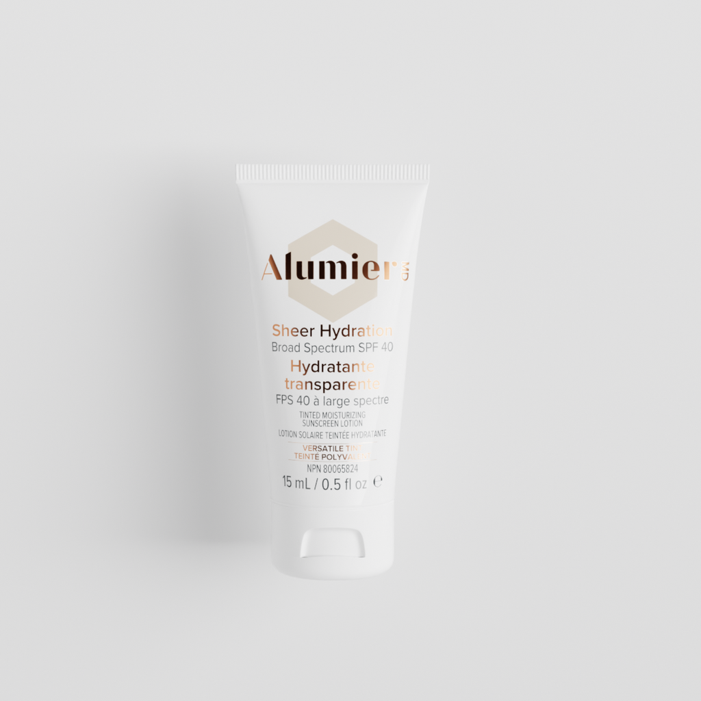Travel size AlumierMD Sheer Hydration Broad Spectrum SPF 40 tinted moisturizer in a 15ml tube, lightweight and hydrating.