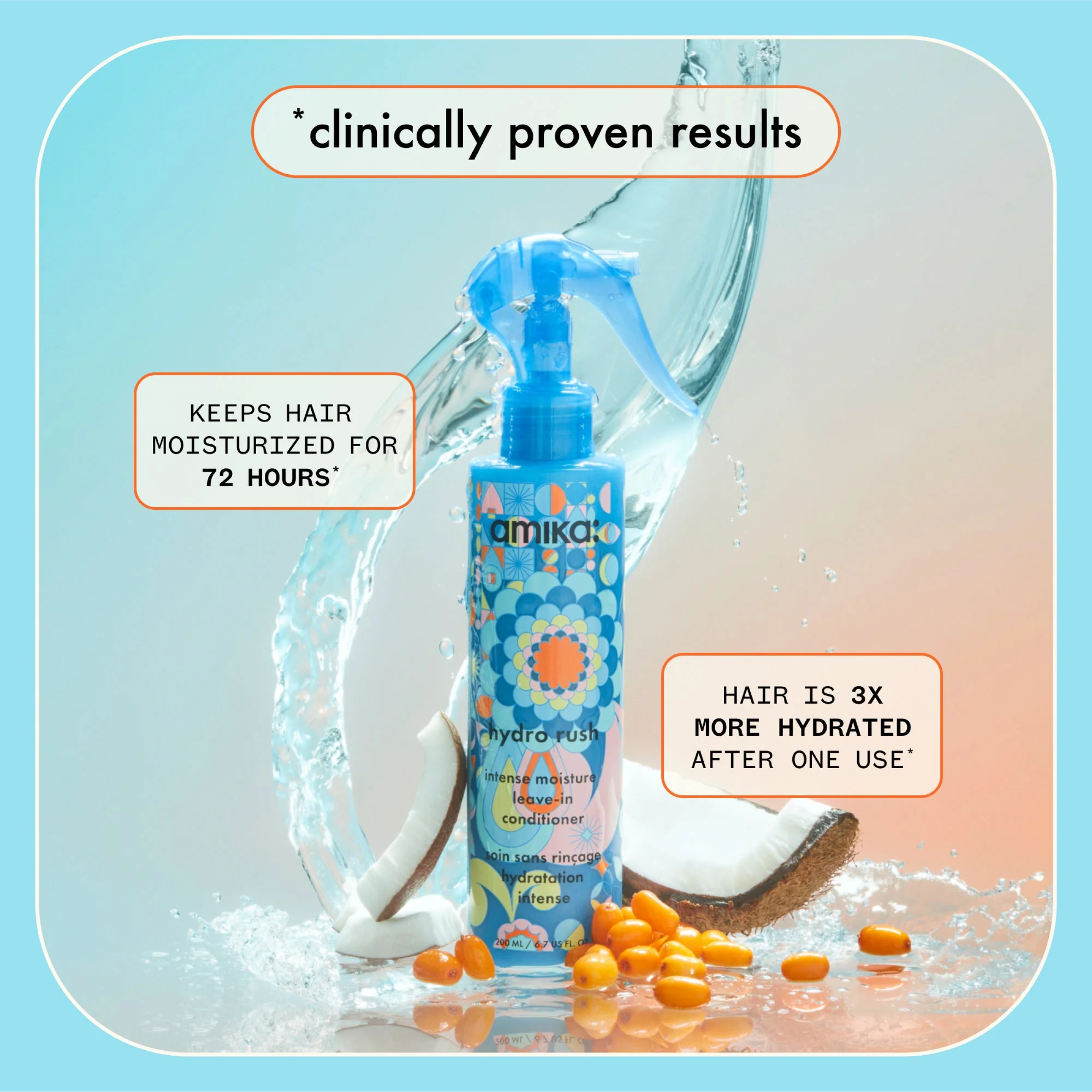Amika Hydro Rush Intense Moisture Leave-In Conditioner by wedoskin, showing the bottle with a sleek design and product label visible.