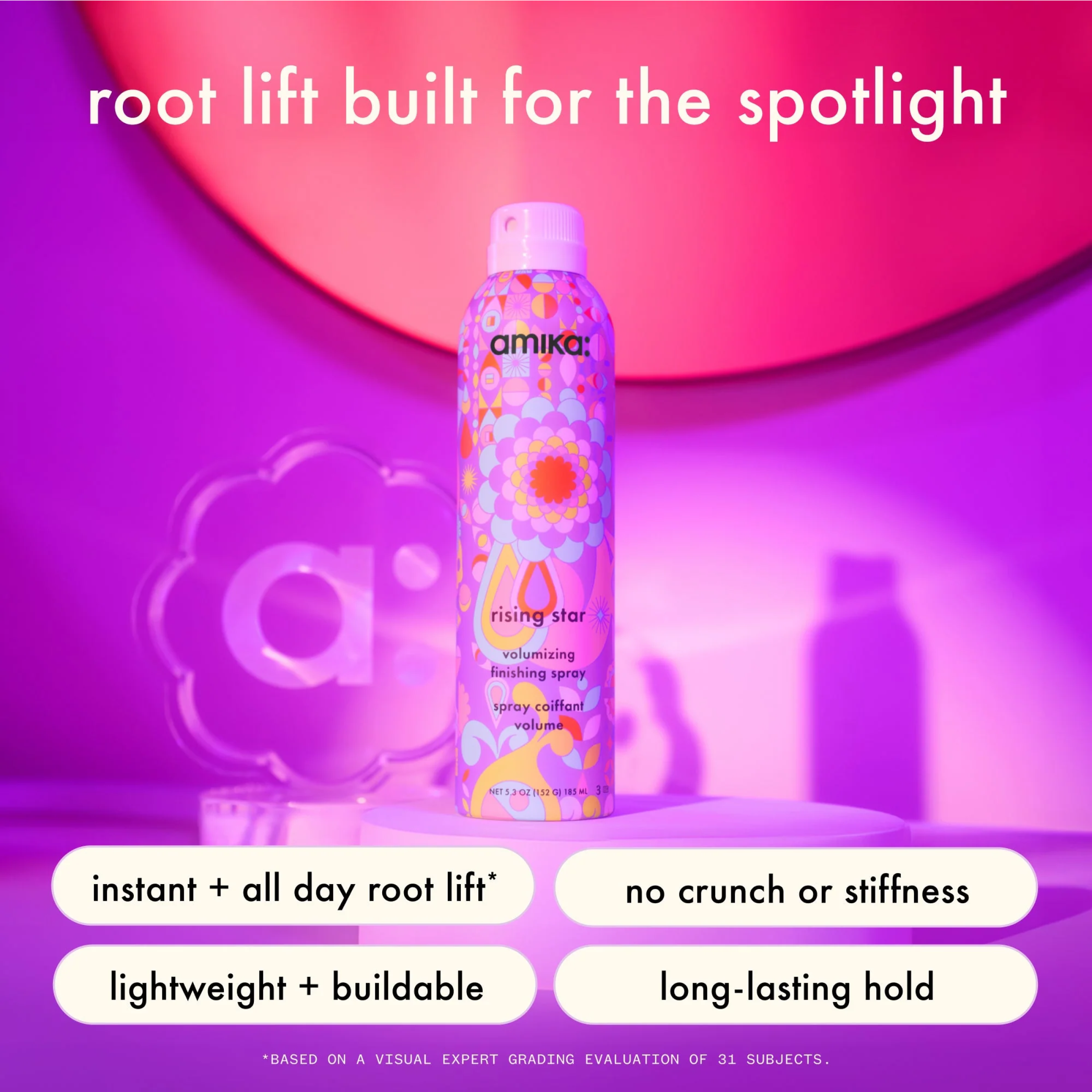 Amika Rising Star Finishing Spray by wedoskin, a volumizing styling spray with a sleek black and gold aerosol can.
