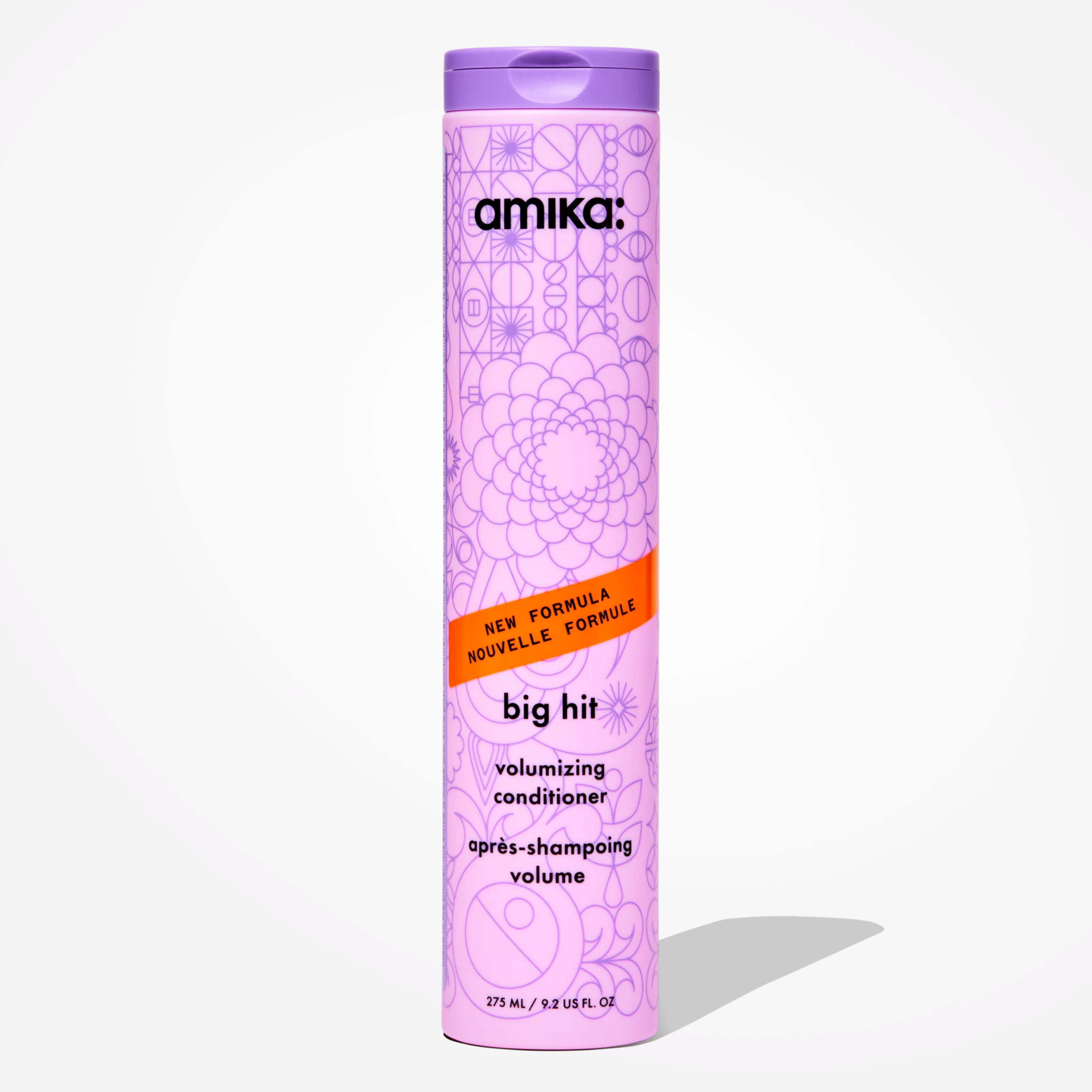 Amika Big Hit Volumizing Conditioner bottle in 275 ml size, featuring sleek packaging and labeling for thick, voluminous hair.