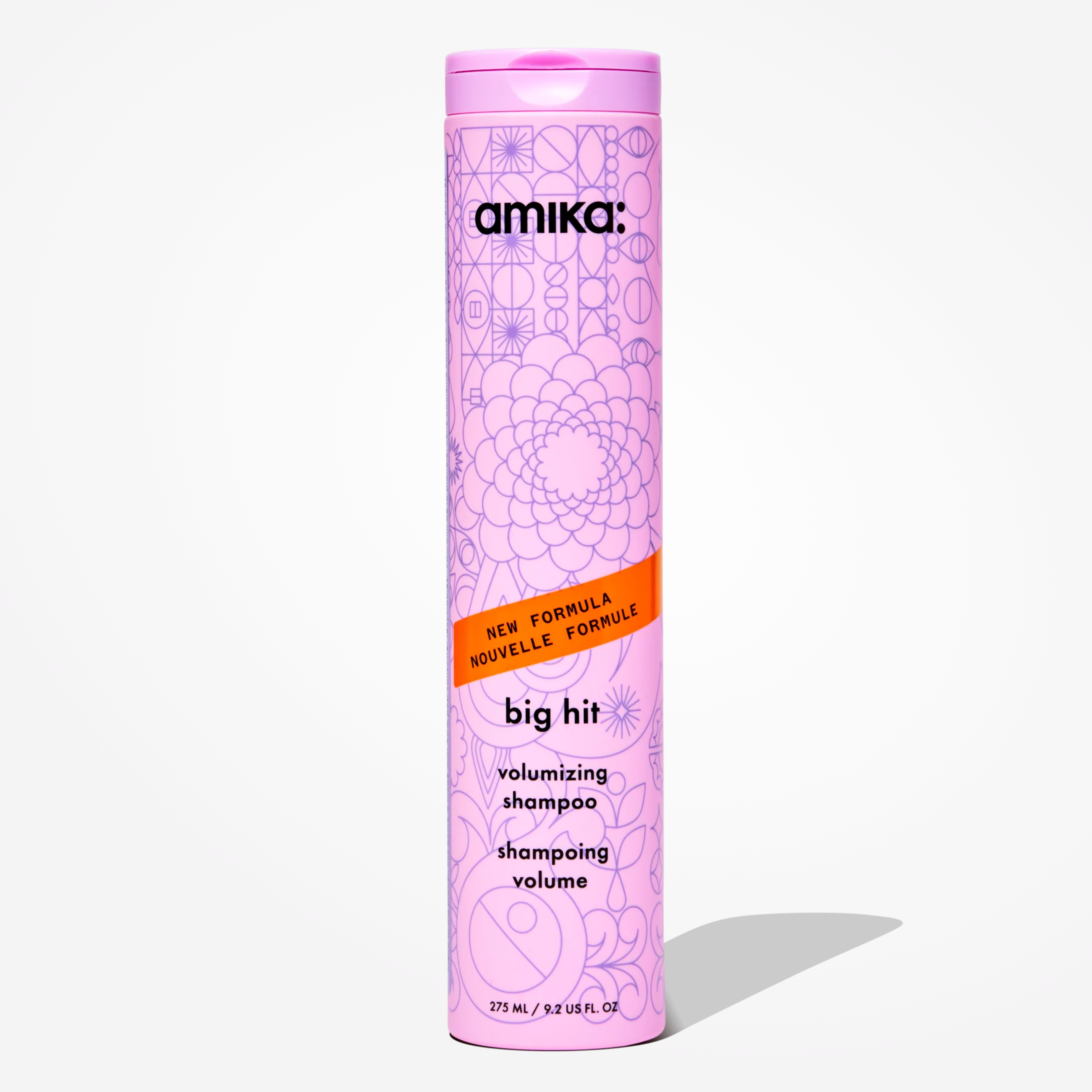Amika Big Hit Volumizing Shampoo in 275 ml bottle, showcasing a sleek blue and white packaging with the product label.