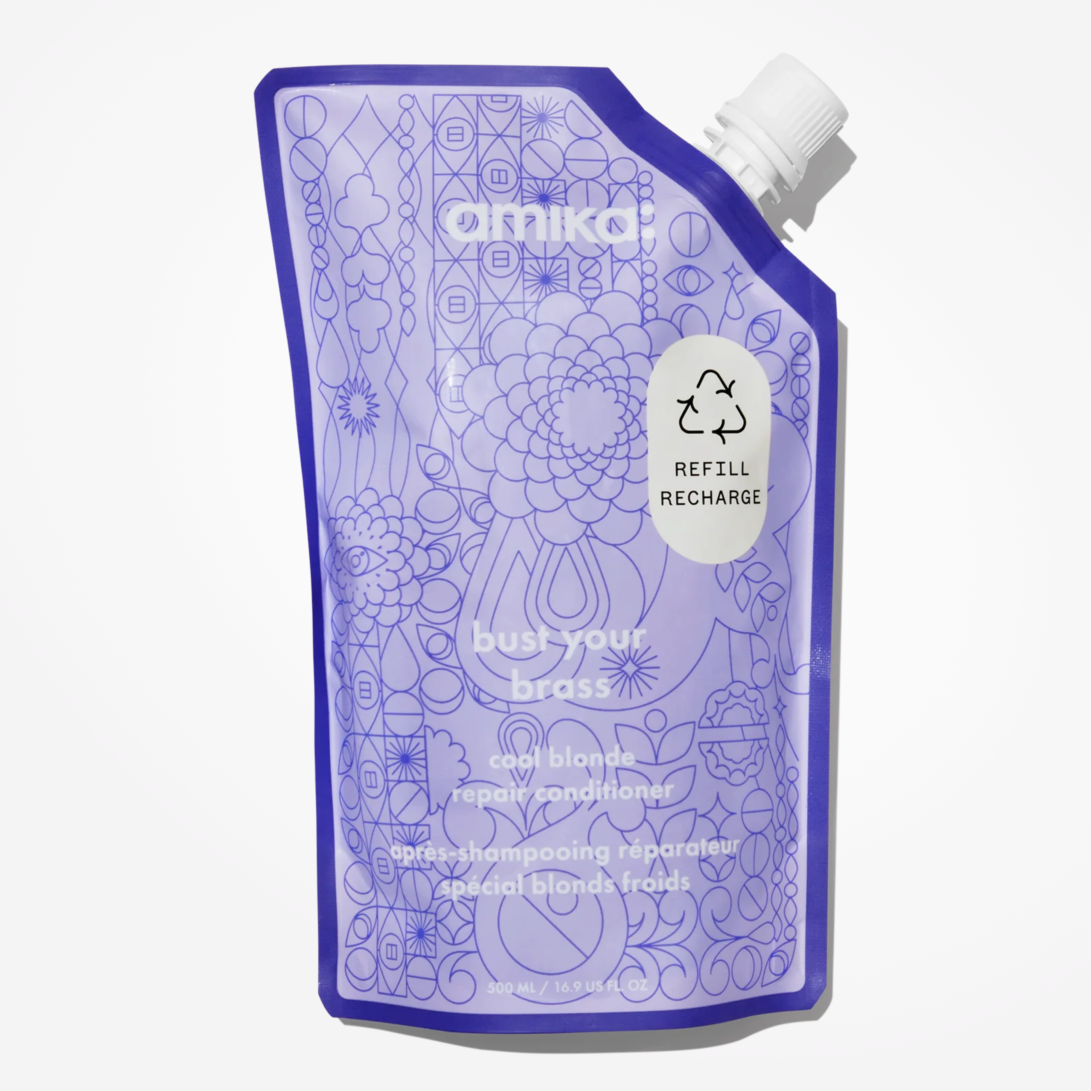 Amika Bust Your Brass Cool Blonde Strength Repair Conditioner bottle, 500mL, designed to tone and strengthen blonde hair.