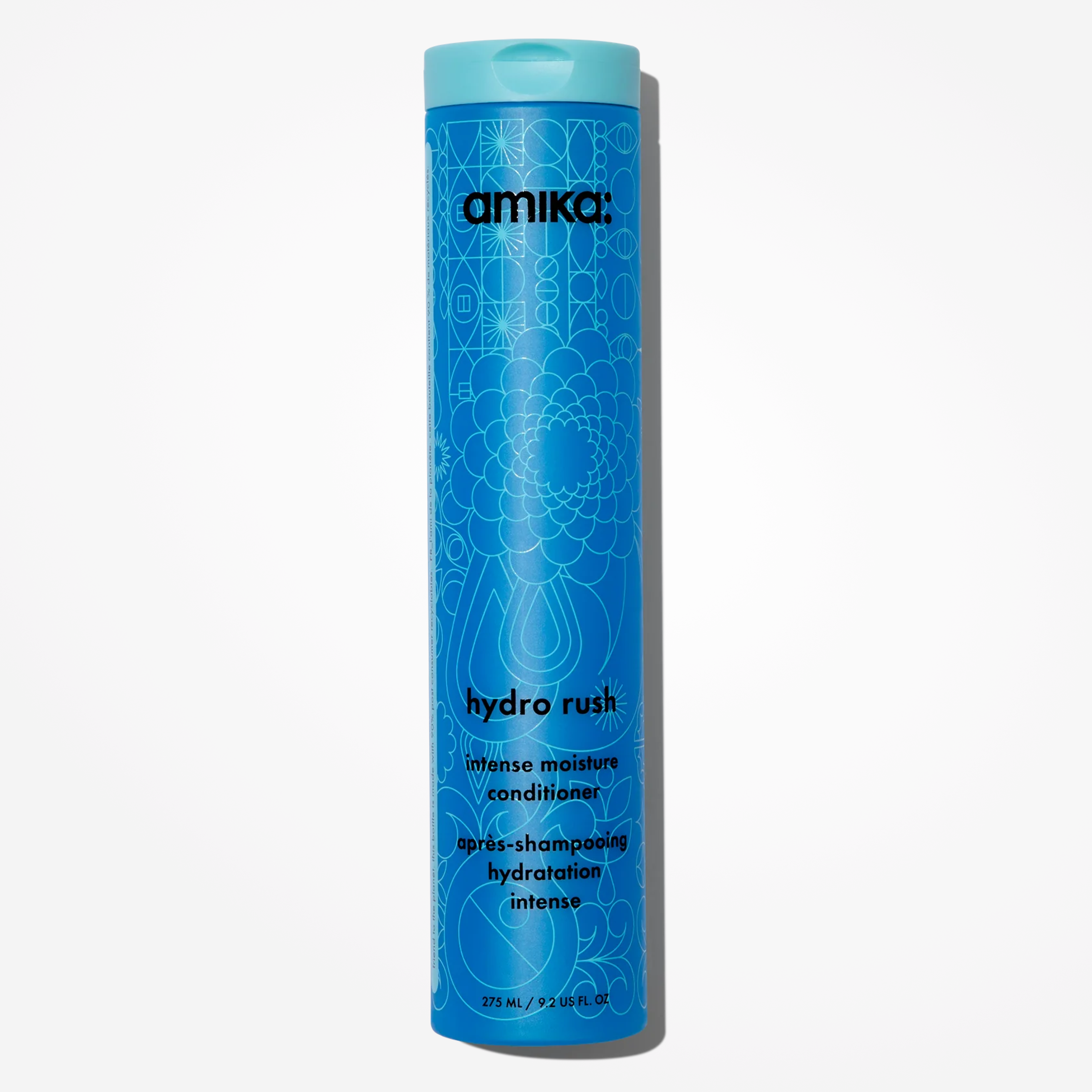 Amika Hydro Rush Intense Moisture Conditioner in 275 ml bottle, smooth creamy formula for deep hydration and soft hair.