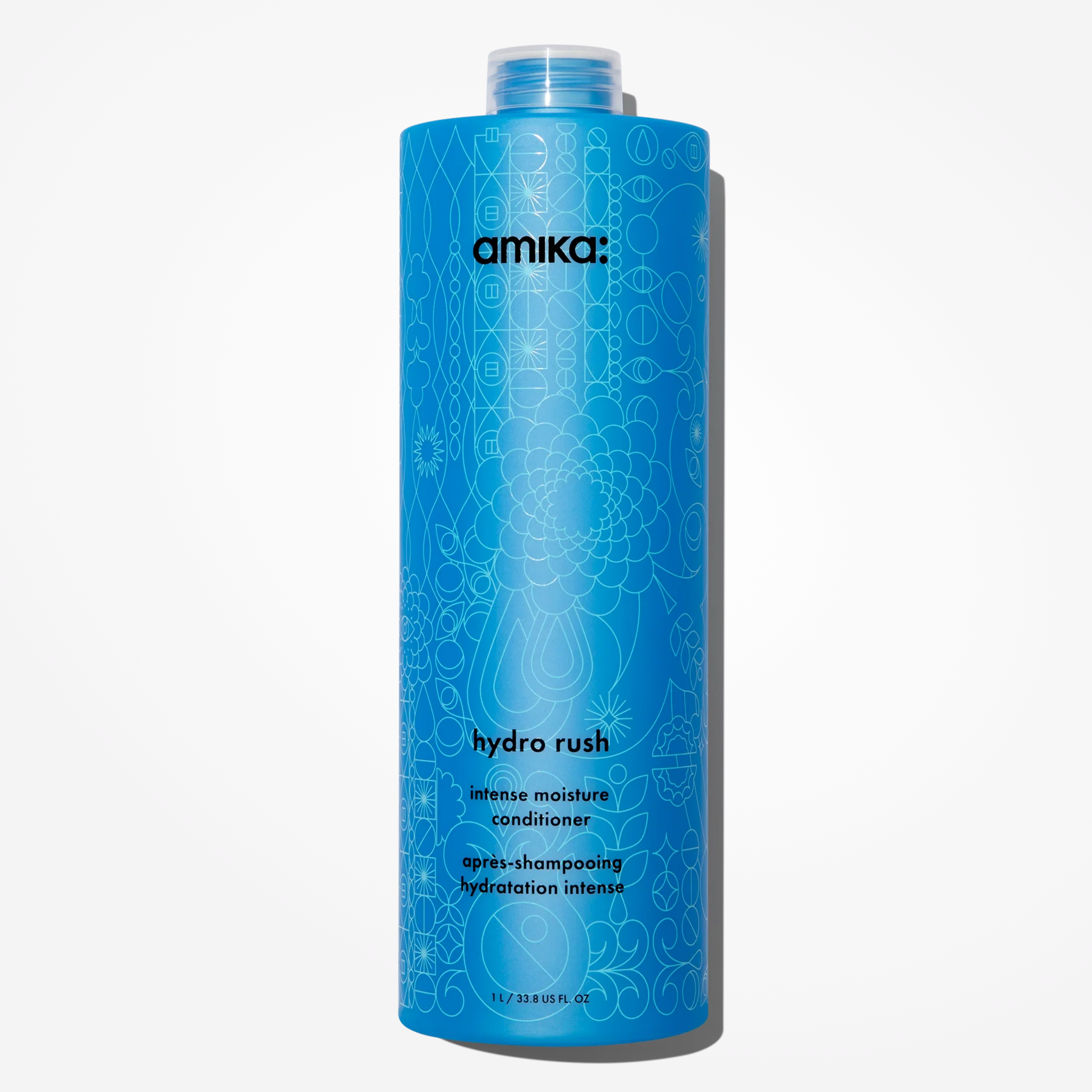 Amika Hydro Rush Intense Moisture Conditioner in a 1000ml bottle, designed to hydrate and nourish hair.