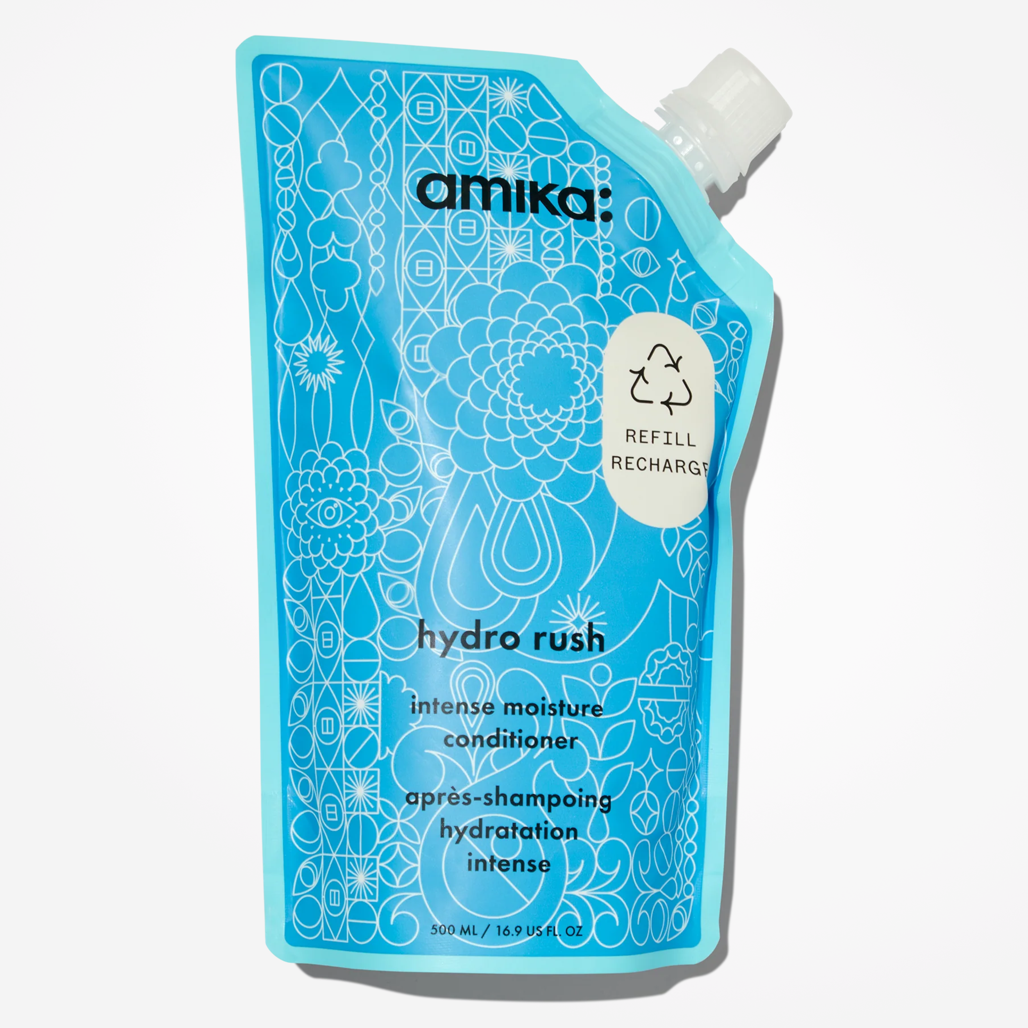 Amika Hydro Rush Intense Moisture Conditioner in a 500 mL bottle, designed to hydrate and nourish hair.