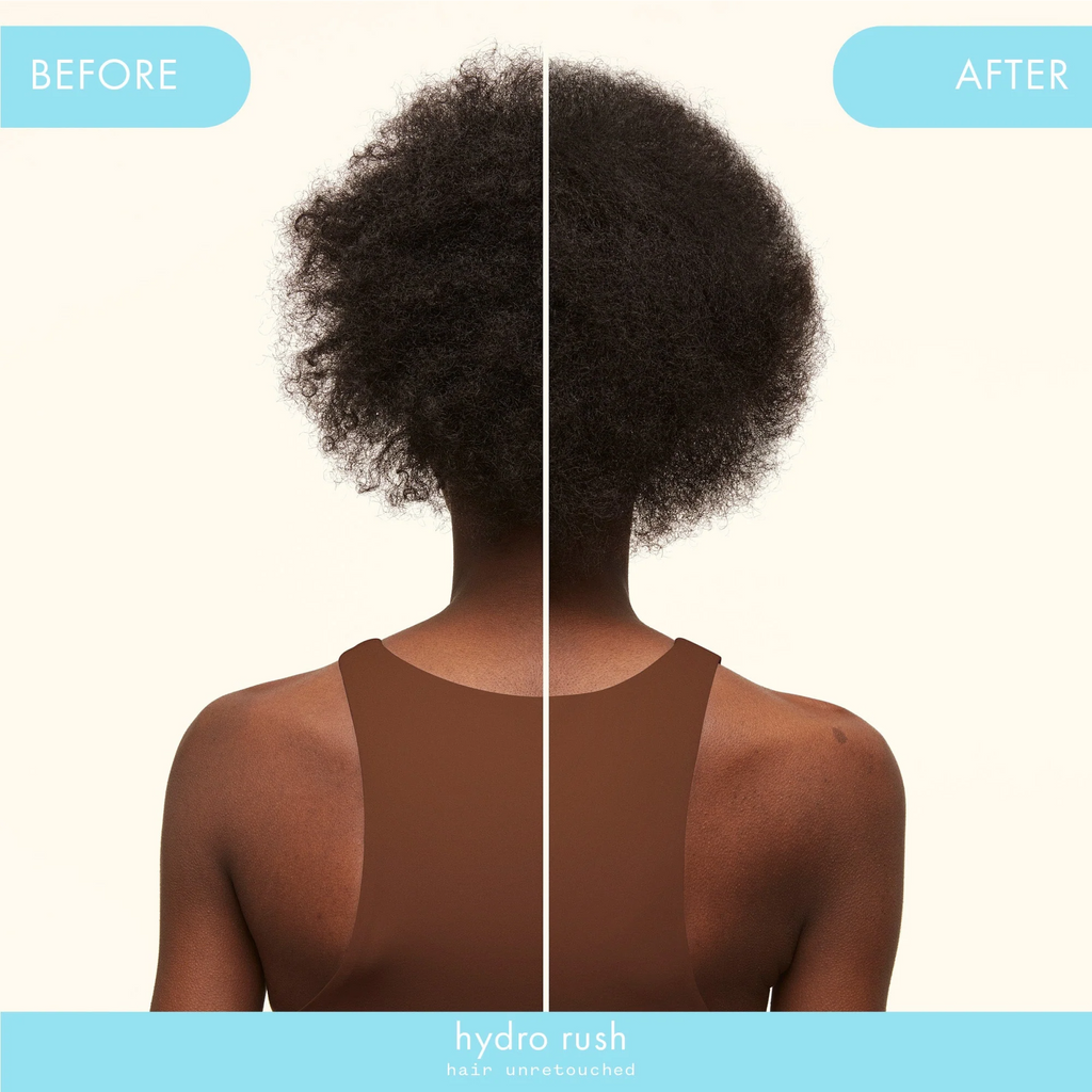 Amika Hydro Rush Intense Moisture Conditioner in a sleek bottle, showing before and after images of hydrated, healthy hair.