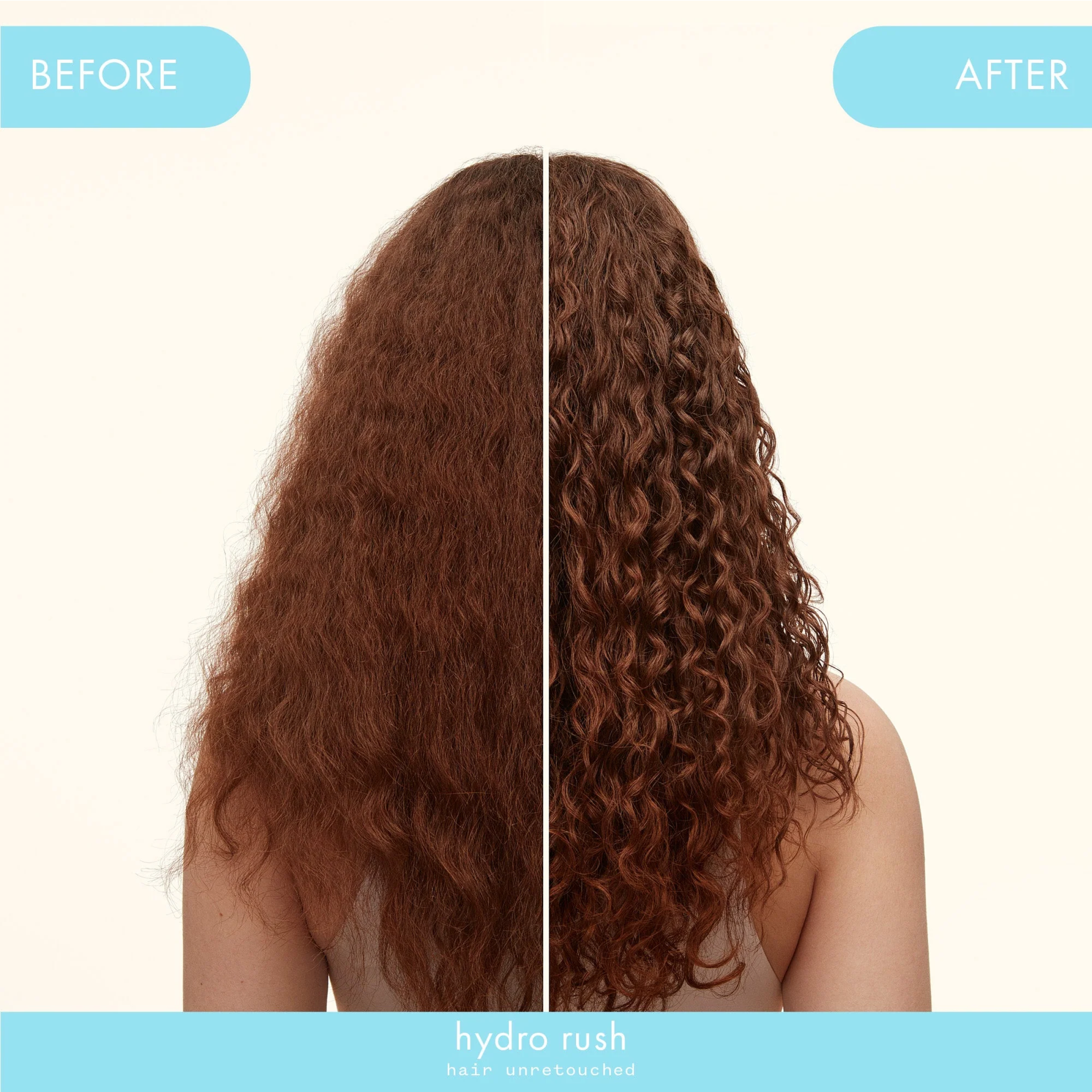 Amika Hydro Rush intense moisture conditioner from wedoskin, showing before and after hair hydration results.