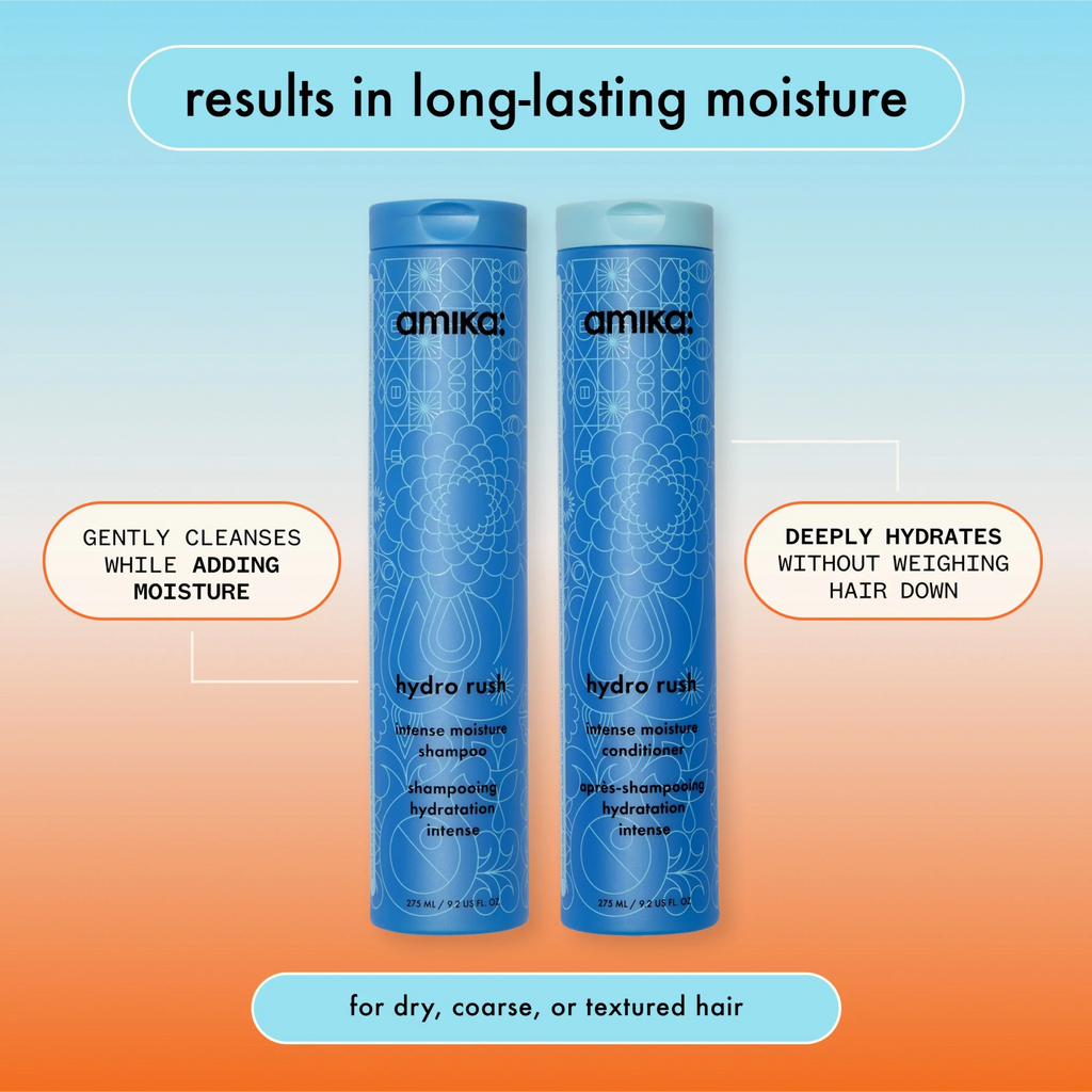 Amika Hydro Rush Intense Moisture Conditioner for hydrated, soft hair, shown alongside shampoo in a sleek bottle.