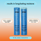 Amika Hydro Rush Intense Moisture Conditioner for hydrated, soft hair, shown alongside shampoo in a sleek bottle.