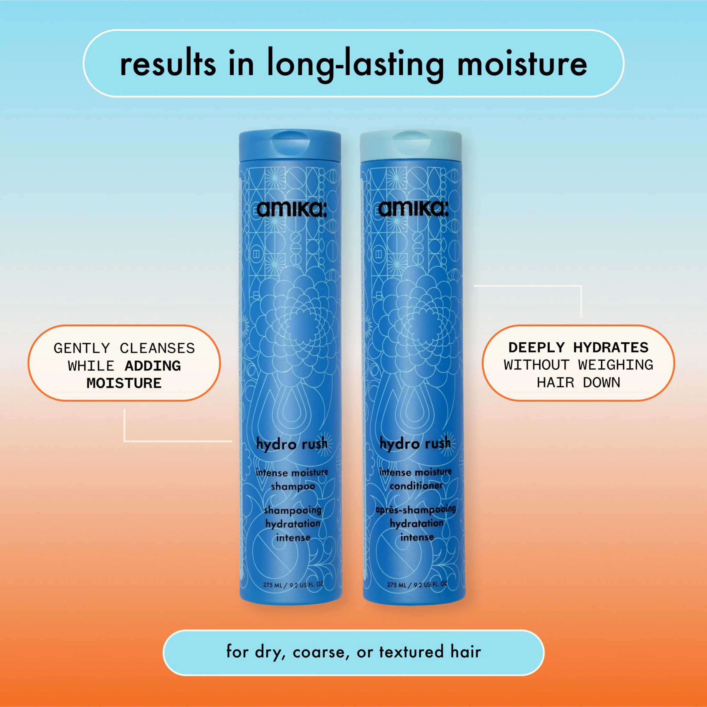 Amika Hydro Rush Intense Moisture Conditioner for hydrated, soft hair, shown alongside shampoo in a sleek bottle.
