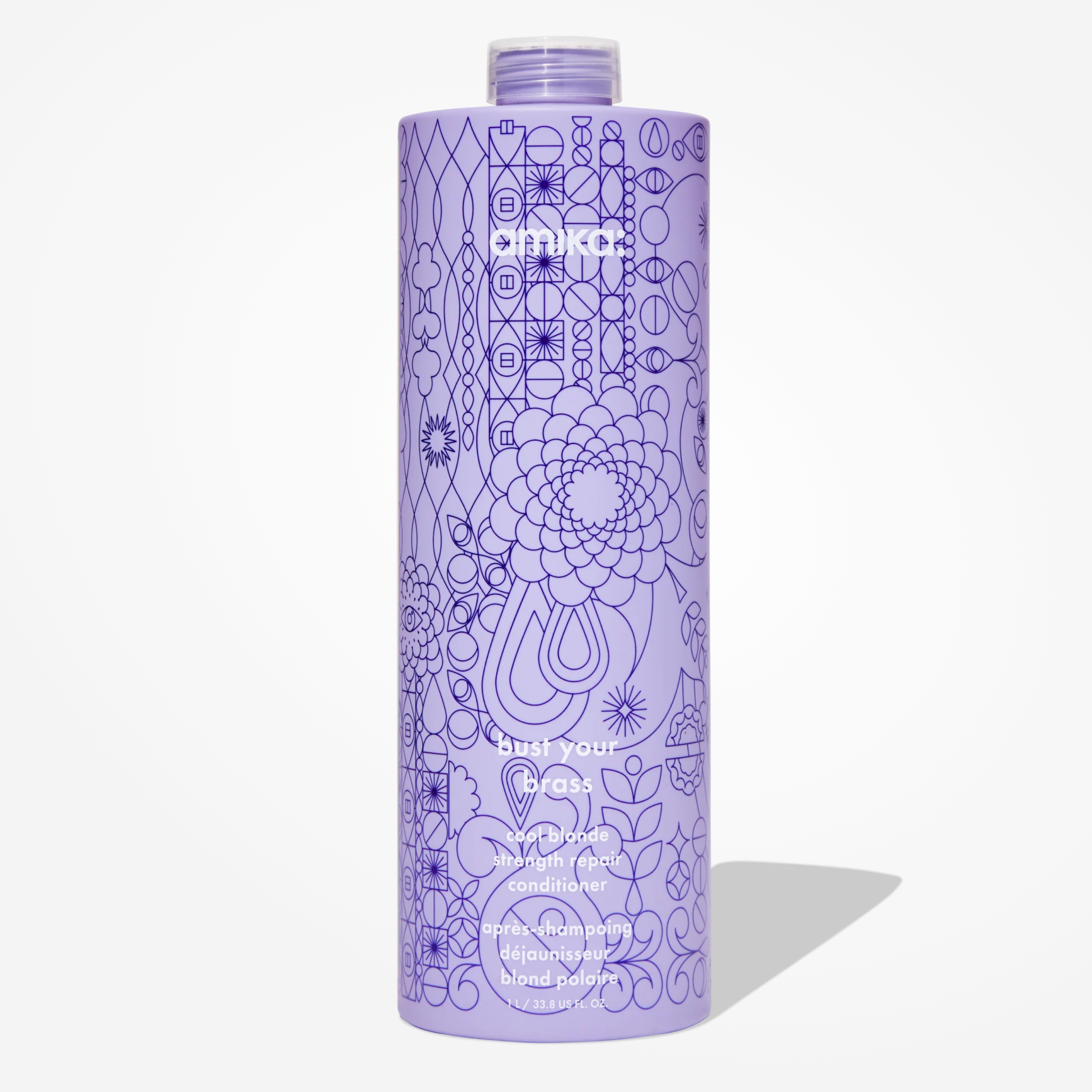 Amika Bust Your Brass Cool Blonde Strength Repair Conditioner bottle, 1000 ml, in a sleek packaging for blonde hair care.