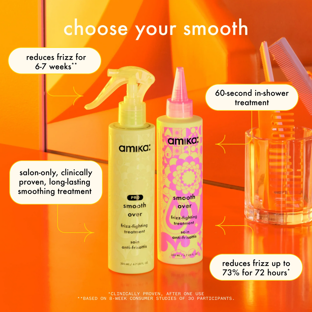Amika Smooth Over frizz-fighting hair mask in a jar, part of wedoskin styling products line, featuring sleek packaging and a creamy texture.