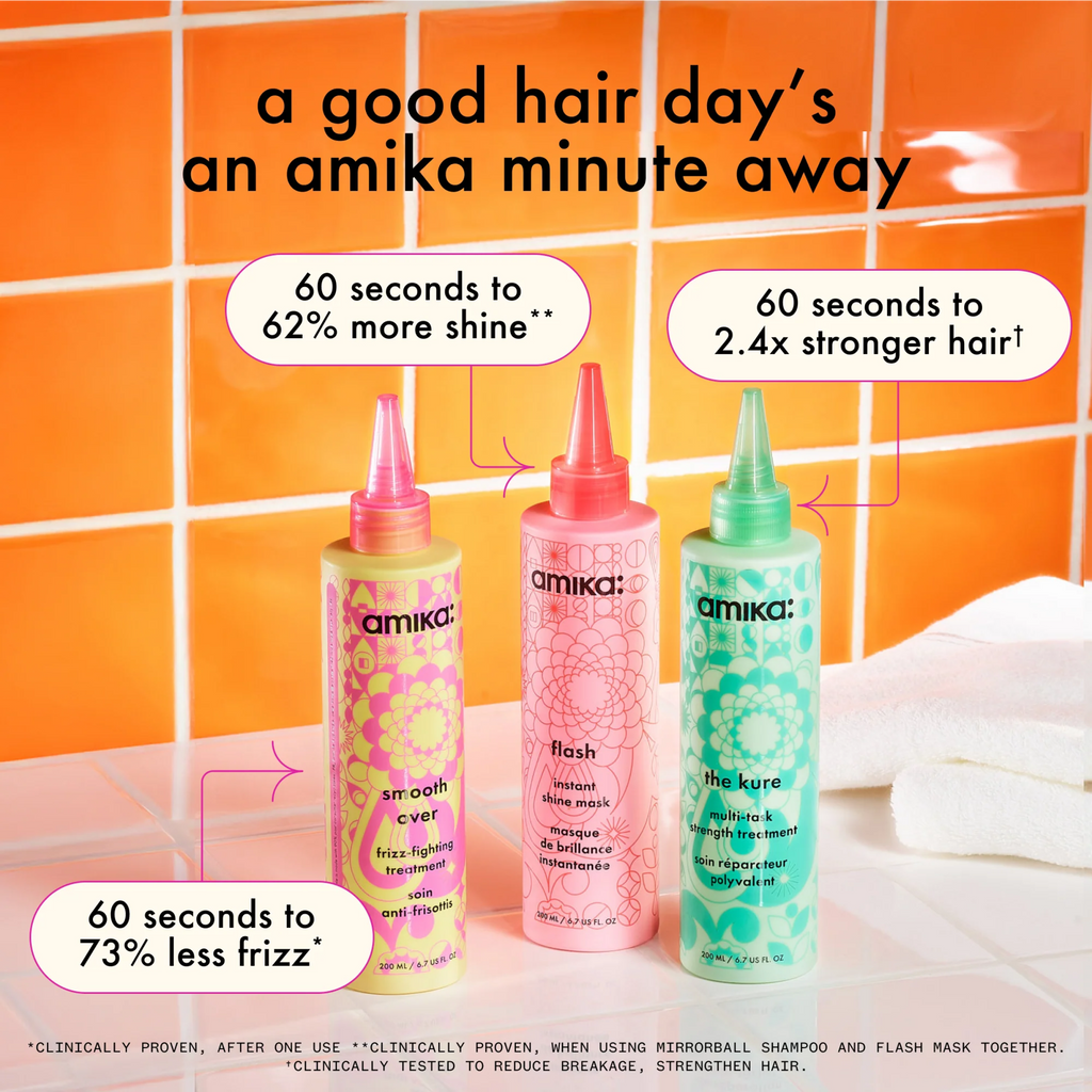 Amika Smooth Over frizz-fighting treatment hair mask in a jar, designed to tame frizz and smooth hair for a polished look.