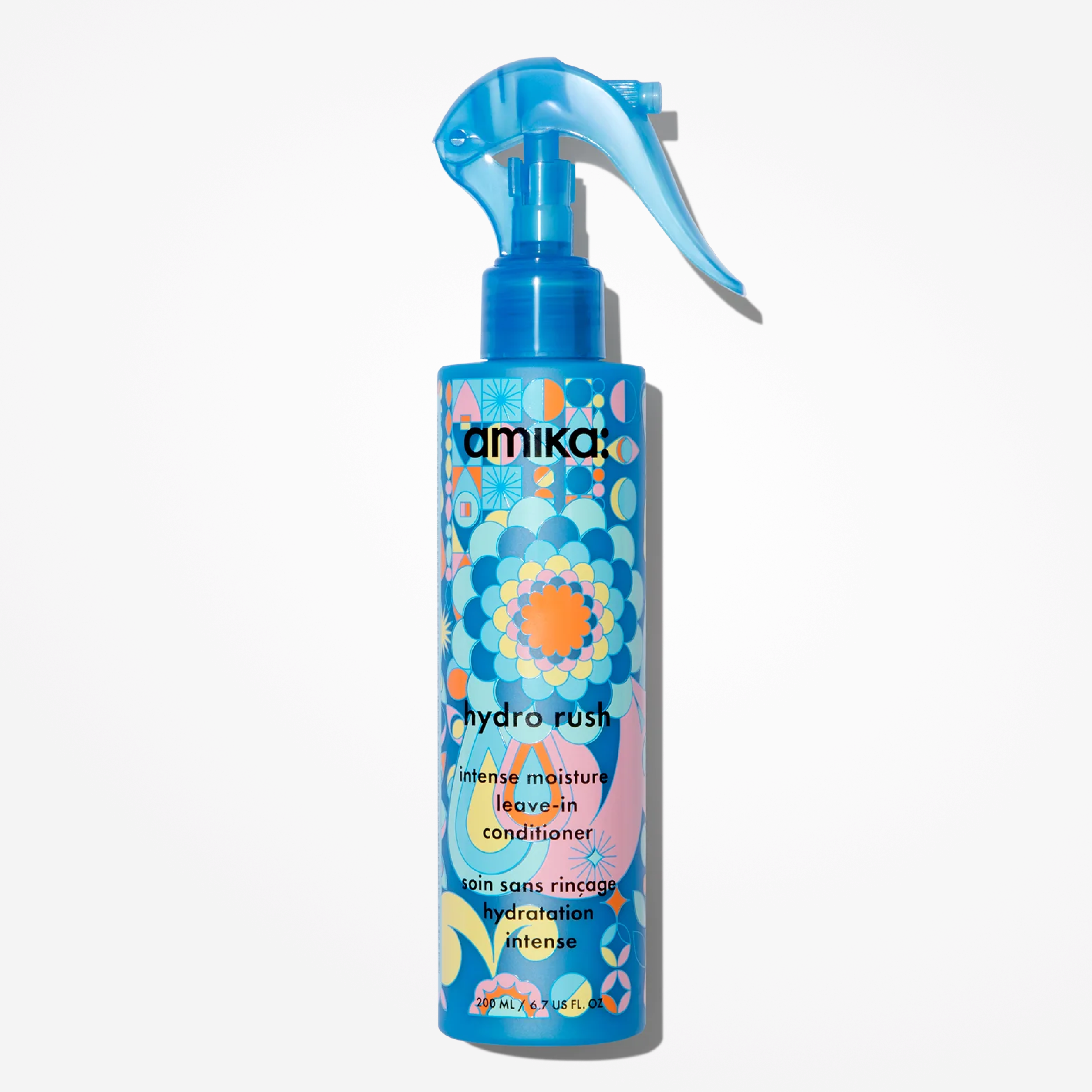 Amika Hydro Rush Intense Moisture Leave-In Conditioner bottle by wedoskin, featuring a sleek design and product label on the front.