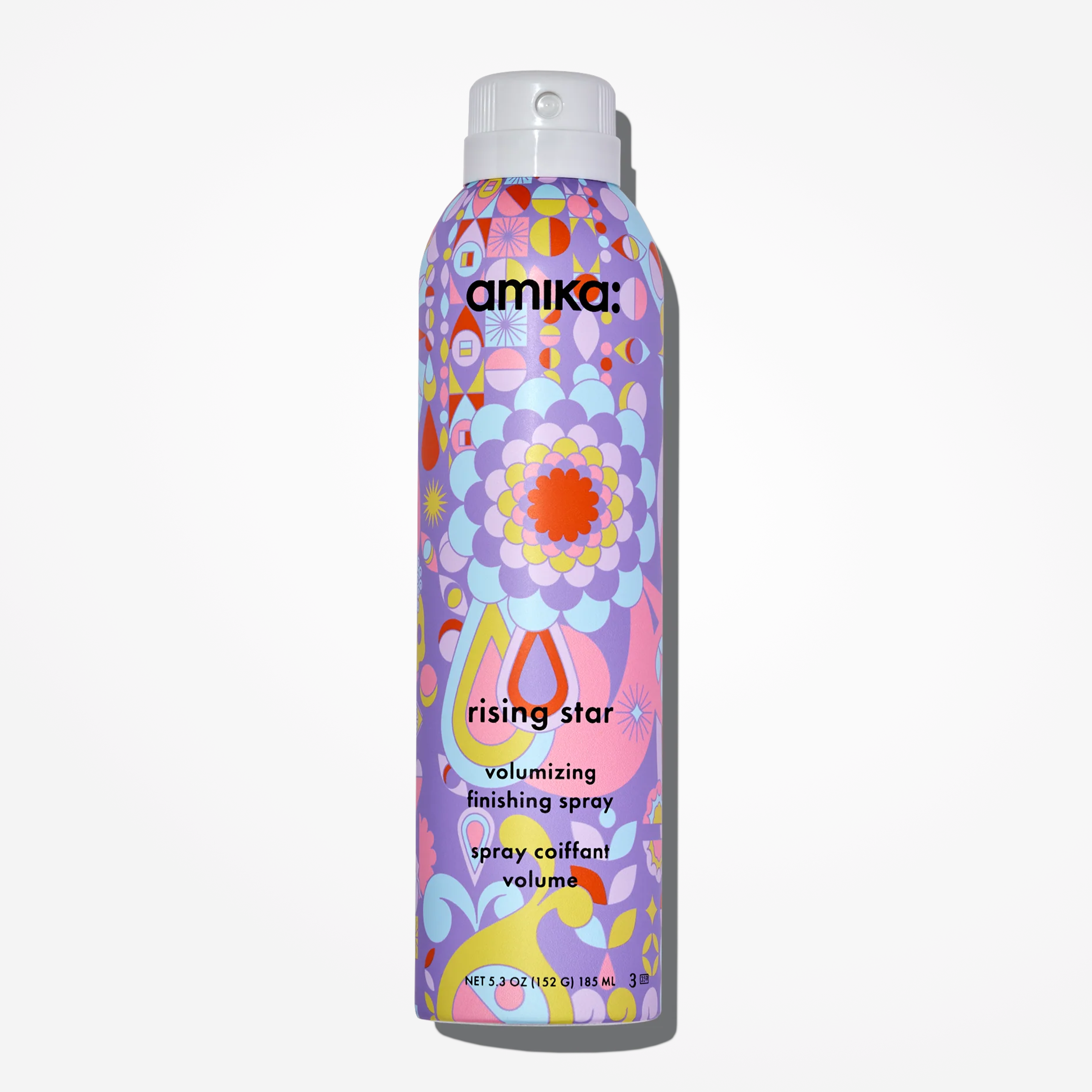 Amika Rising Star Finishing Spray in 5.3oz bottle, a volumizing styling product for shiny, boosted hair finish.
