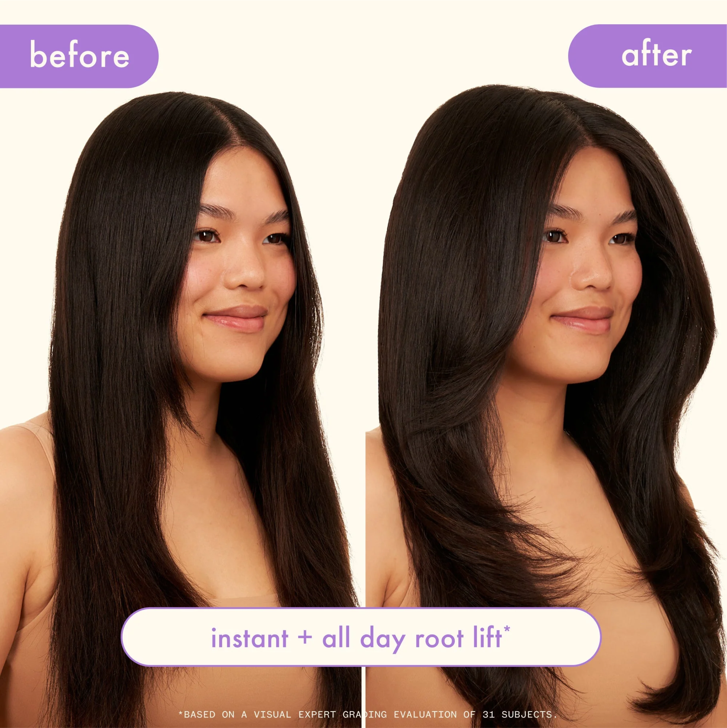 Amika Rising Star Finishing Spray by wedoskin showing before and after images of volumized, shiny hair styling results.
