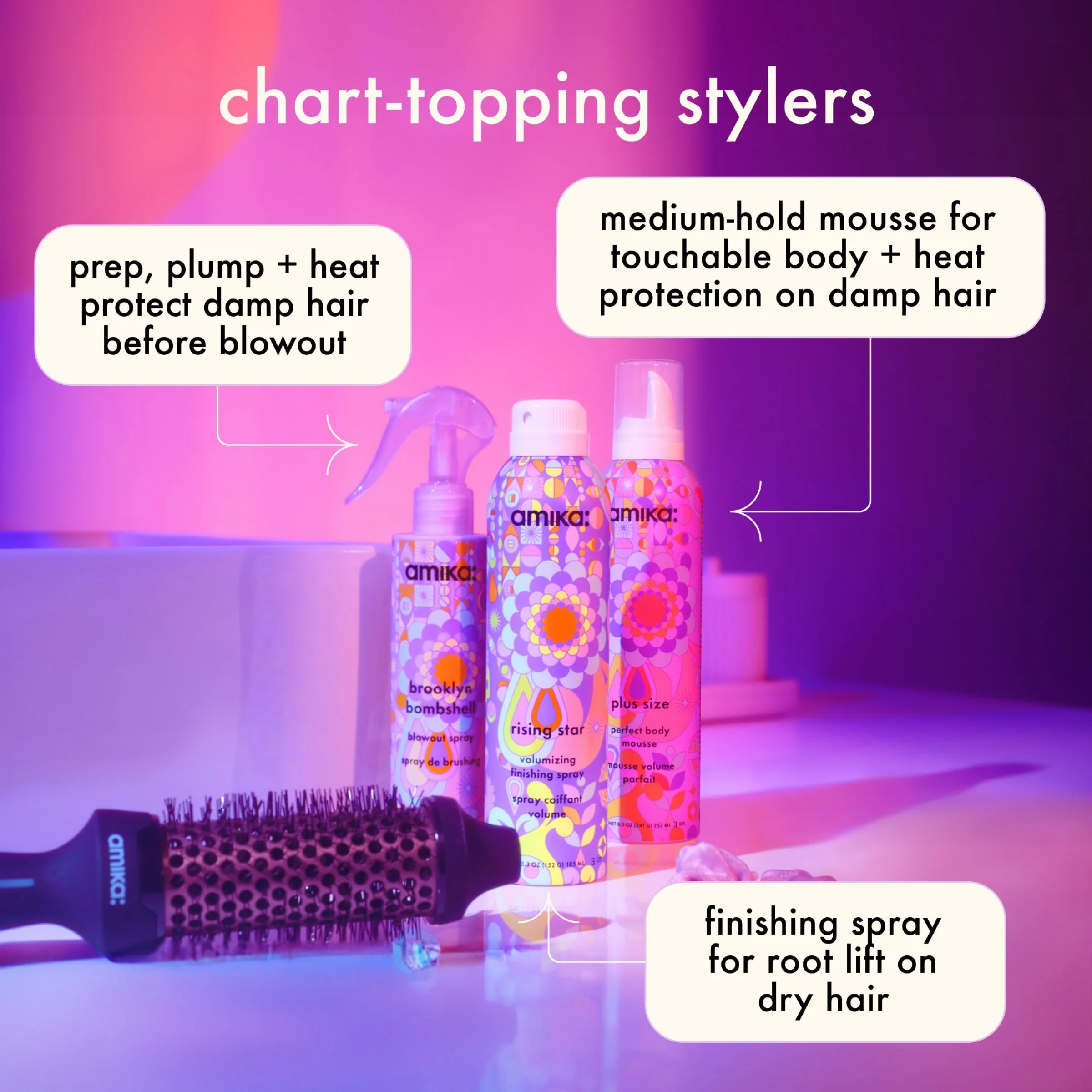 Amika Rising Star Finishing Spray in a sleek bottle, used for adding volume and shine to styled hair.