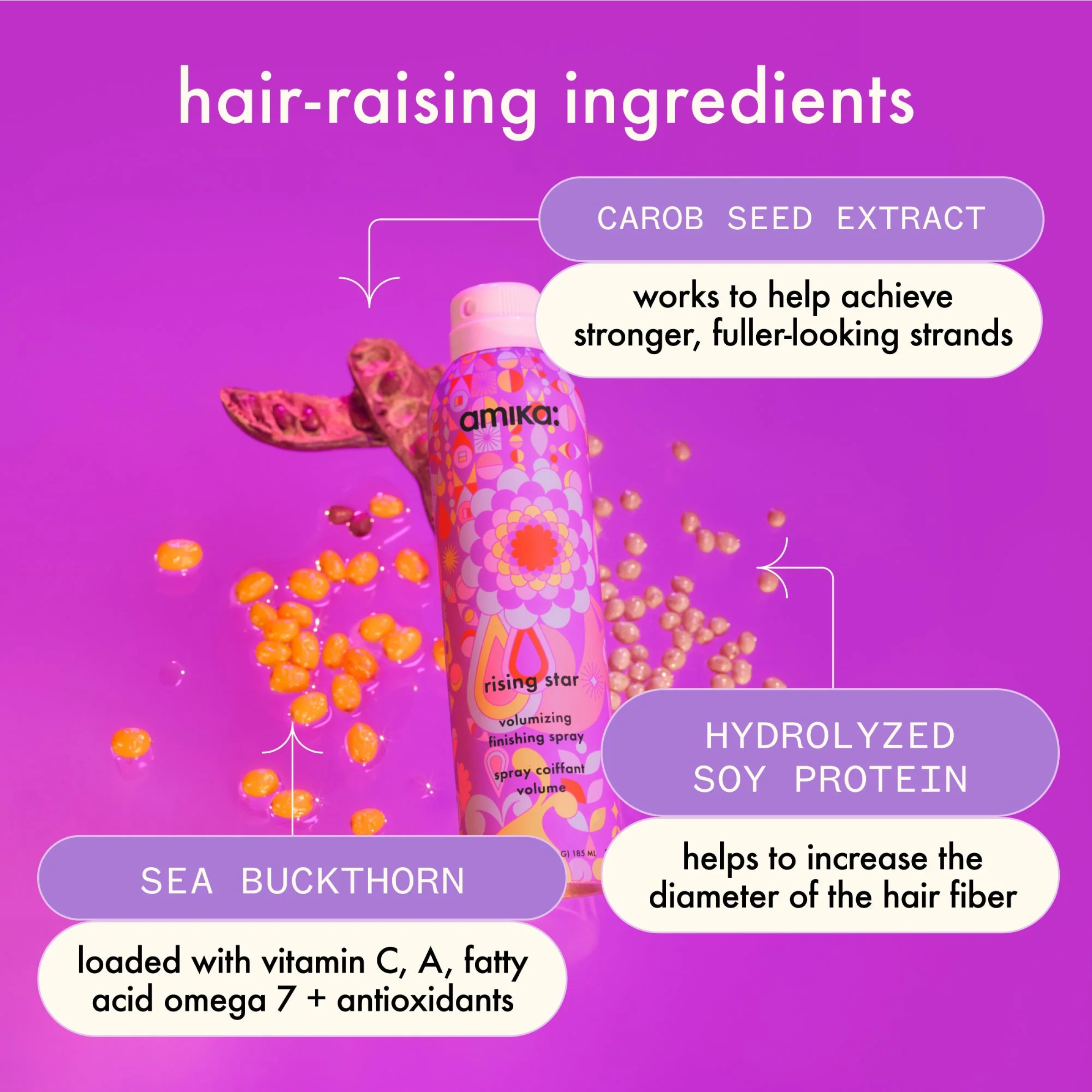 Amika Rising Star Finishing Spray with volumizing ingredients, designed for shiny, styled hair with a natural finish.