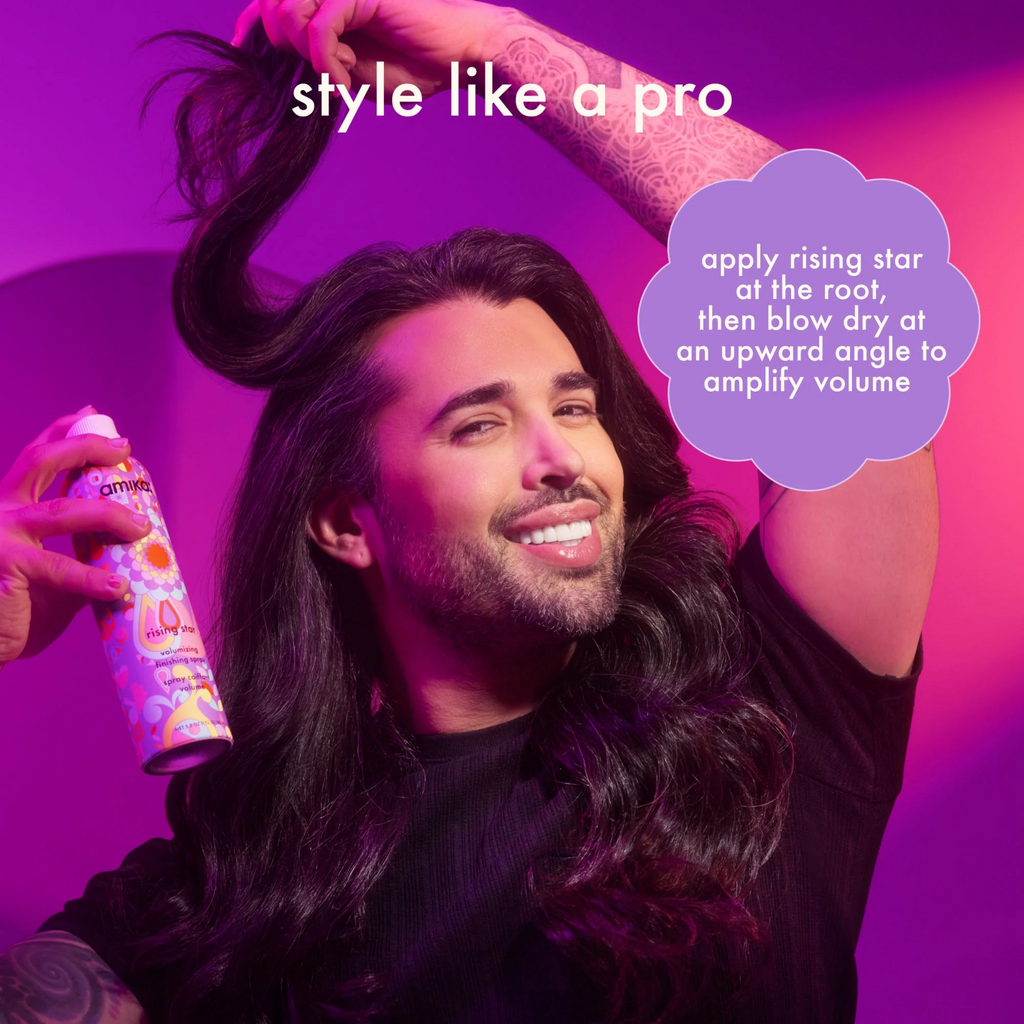 Amika Rising Star Finishing Spray in a spray bottle, a volumizing styling product from the brand wedoskin for a professional finish.