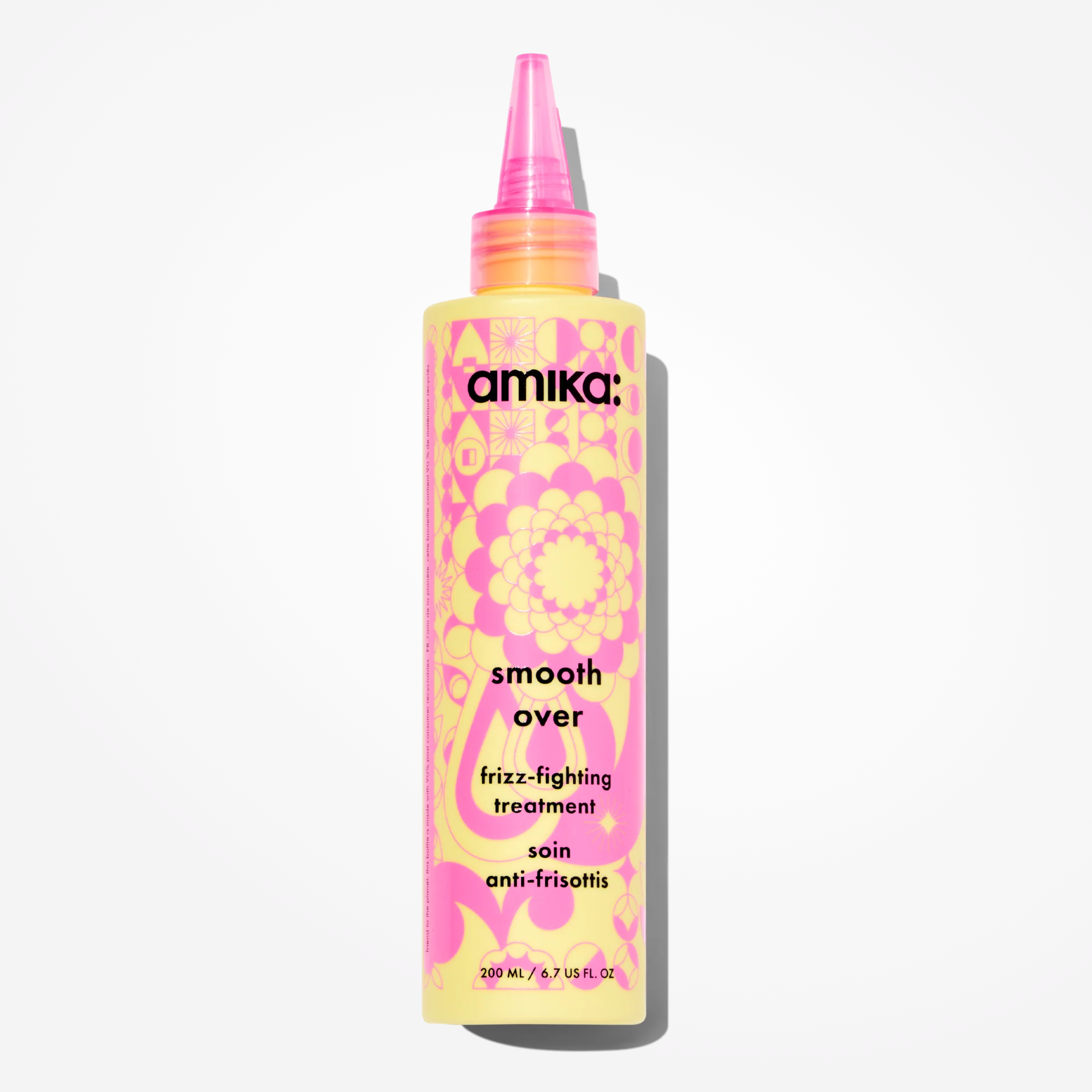 Amika Smooth Over frizz-fighting hair treatment mask in a 200ml jar, designed to smooth and tame frizzy hair