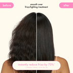 Amika Smooth Over frizz-fighting treatment hair mask in a jar, showcasing its creamy texture and sleek packaging.