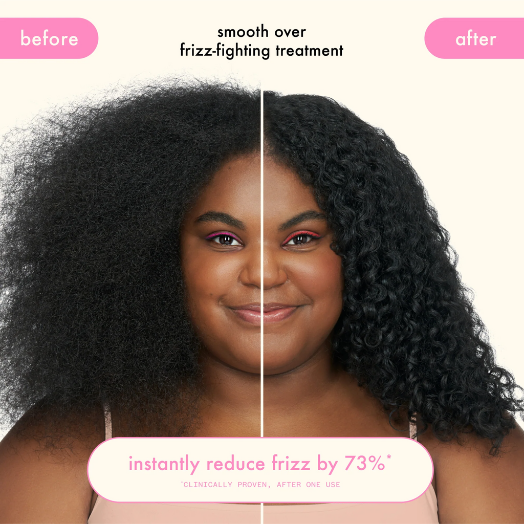 Before and after images of Amika Smooth Over Frizz-Fighting Treatment Hair Mask by wedoskin showing frizz reduction and smooth hair results.