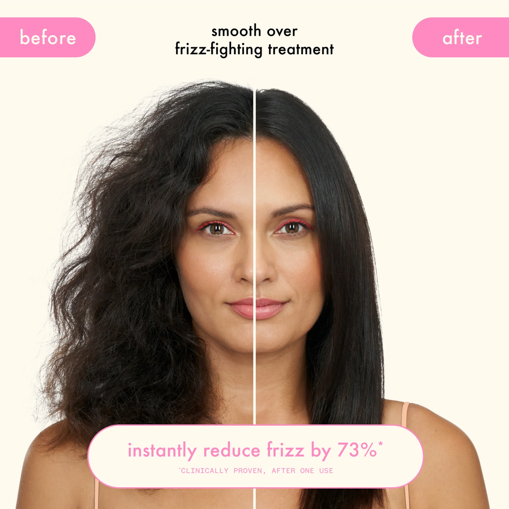 Before and after images of Amika Smooth Over Frizz-Fighting Treatment Hair Mask showing smoother, frizz-free hair results.