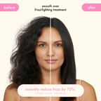Before and after images of Amika Smooth Over Frizz-Fighting Treatment Hair Mask showing smoother, frizz-free hair results.