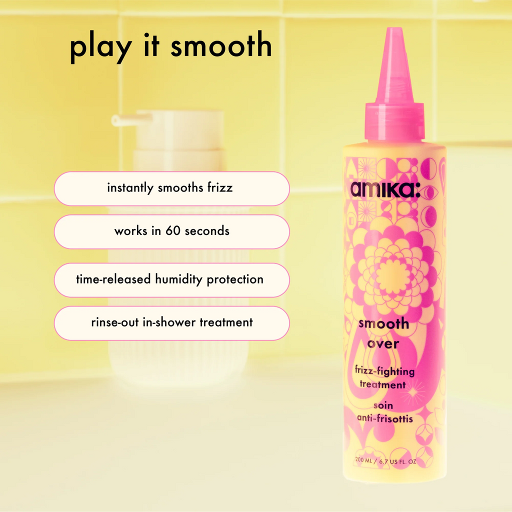 Amika Smooth Over frizz-fighting hair mask in a jar, styling product by wedoskin, designed to smooth and tame frizzy hair.