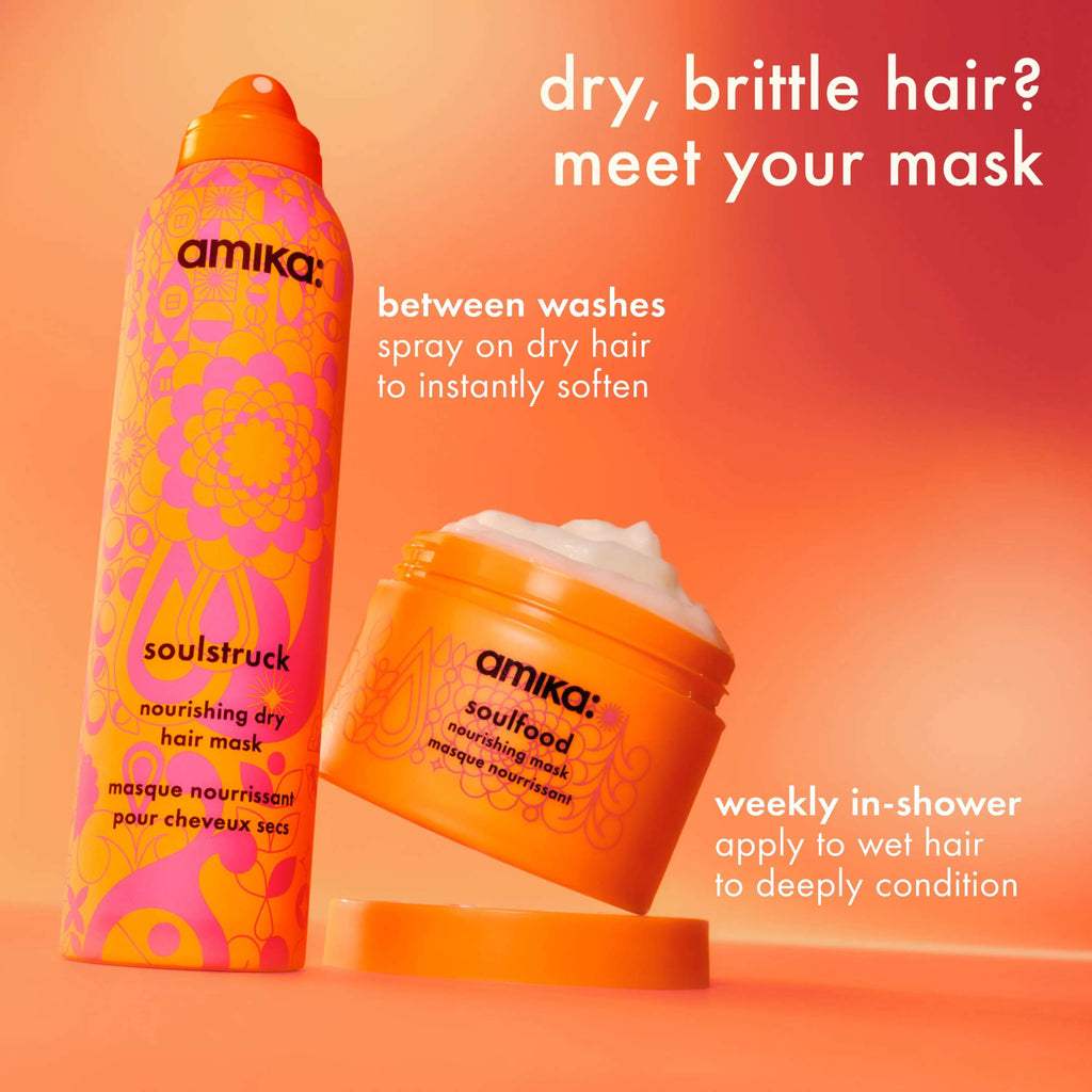 Amika Soulstruck nourishing dry hair mask for dry, brittle hair, shown in a jar with creamy texture and hydration benefits.
