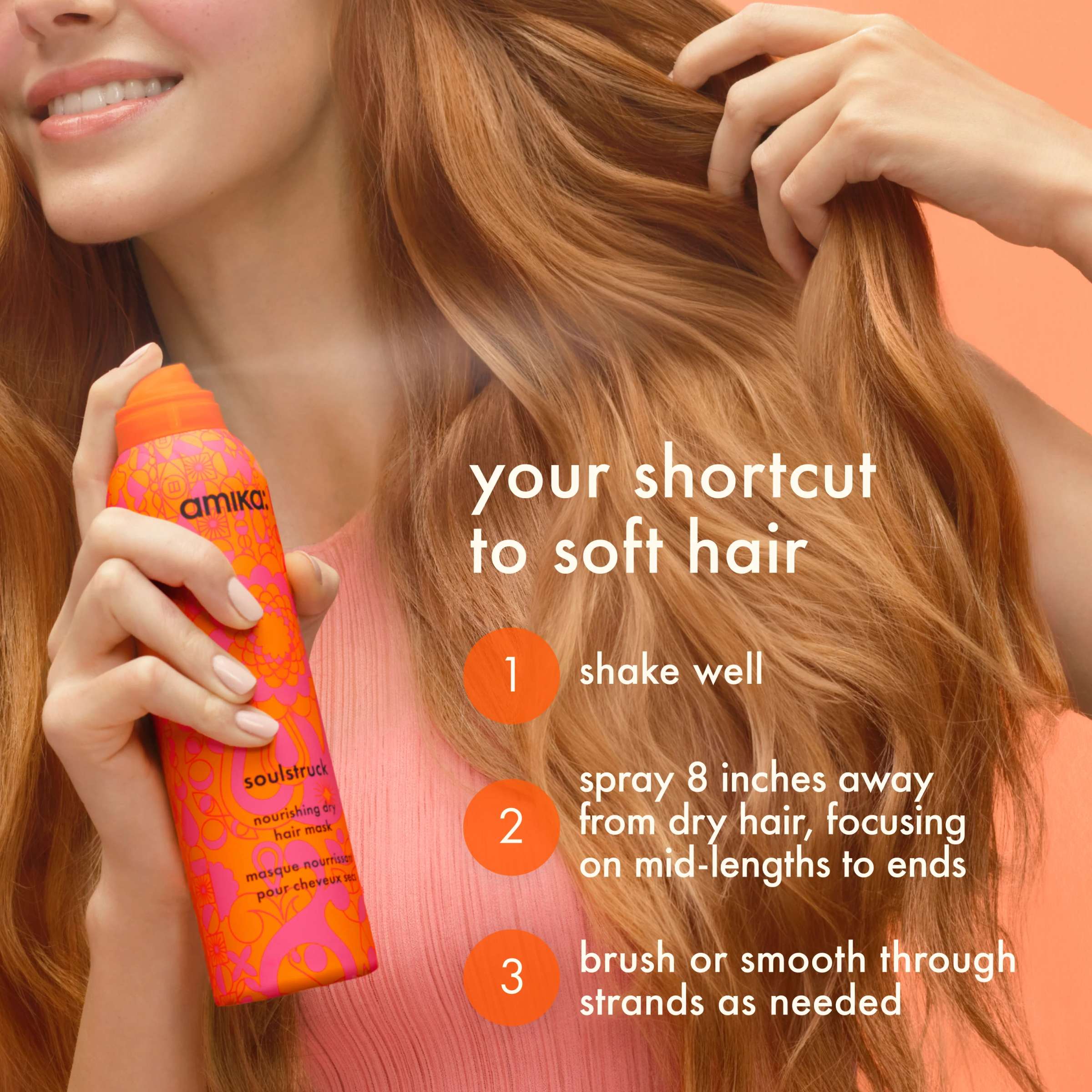 Amika Soulstruck Nourishing Dry Hair Mask in a jar, showing how to apply the hair mask for dry, damaged hair.