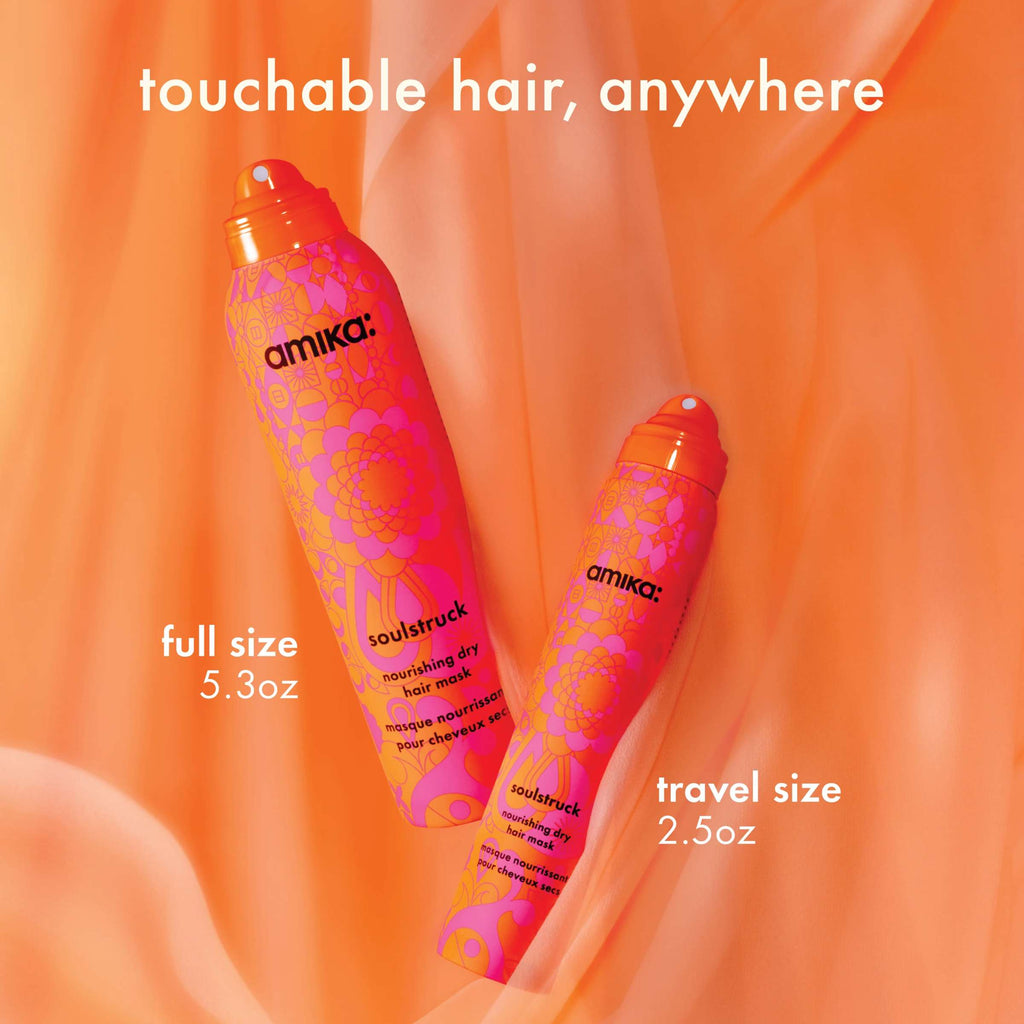 Amika Soulstruck nourishing dry hair mask in various sizes, creamy texture, and packaging with product label visible.