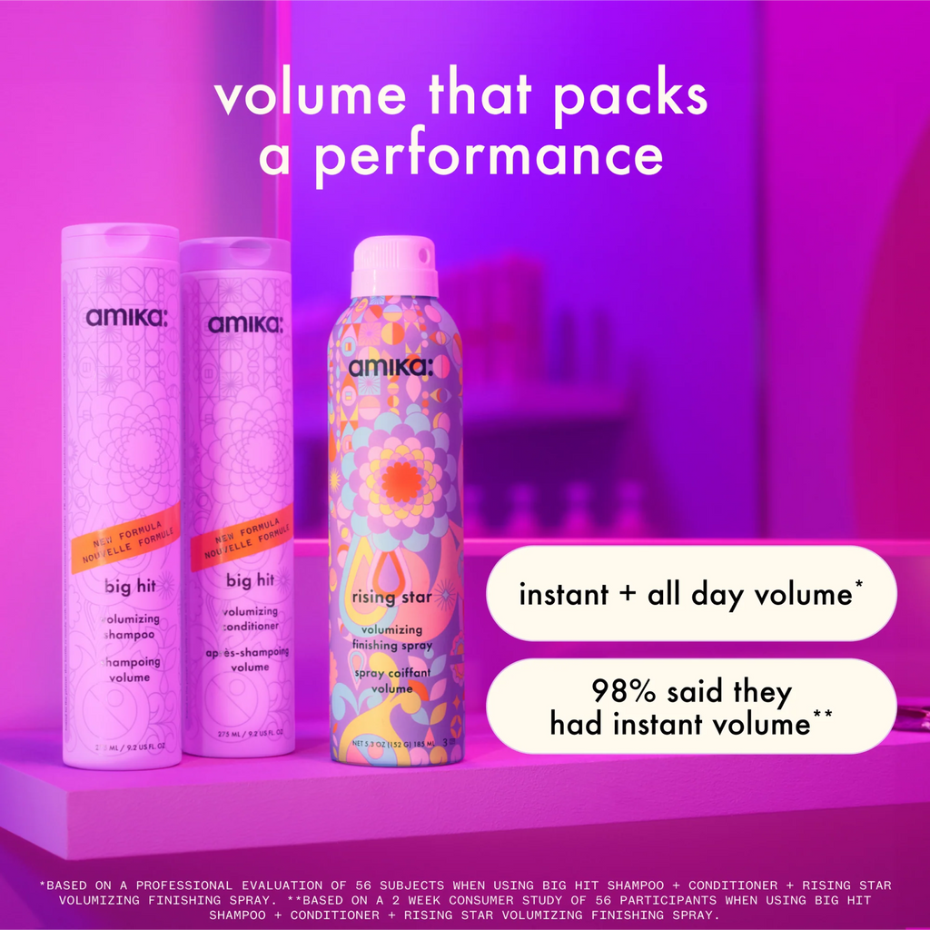 Amika Big Hit volumizing shampoo bottle with modern label, showcasing its hair care branding and packaging design.