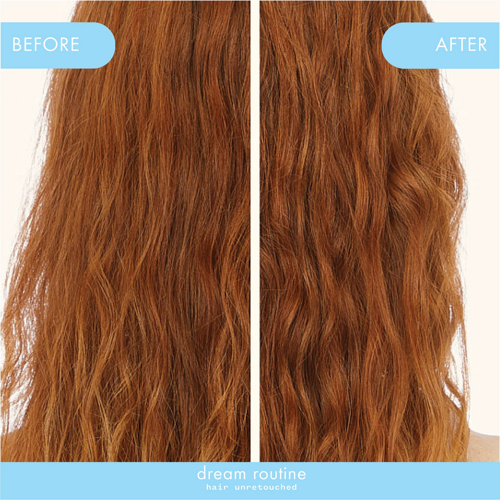 Before and after images of the Amika Dream Routine Overnight Hydrating Hair Mask showing improved, shiny, and smooth hair.