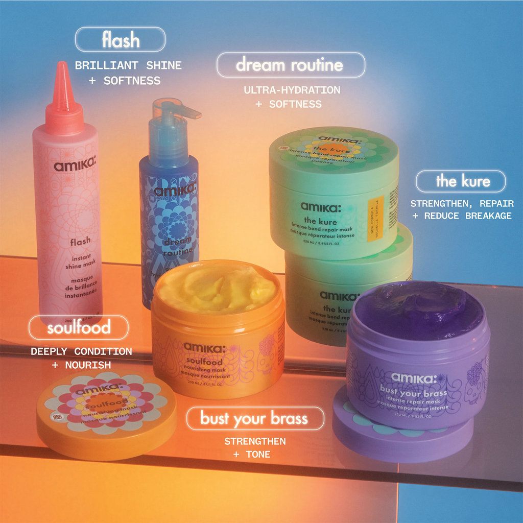 Amika Dream Routine Overnight Hydrating Hair Mask in a jar, showcasing its creamy texture and packaging.