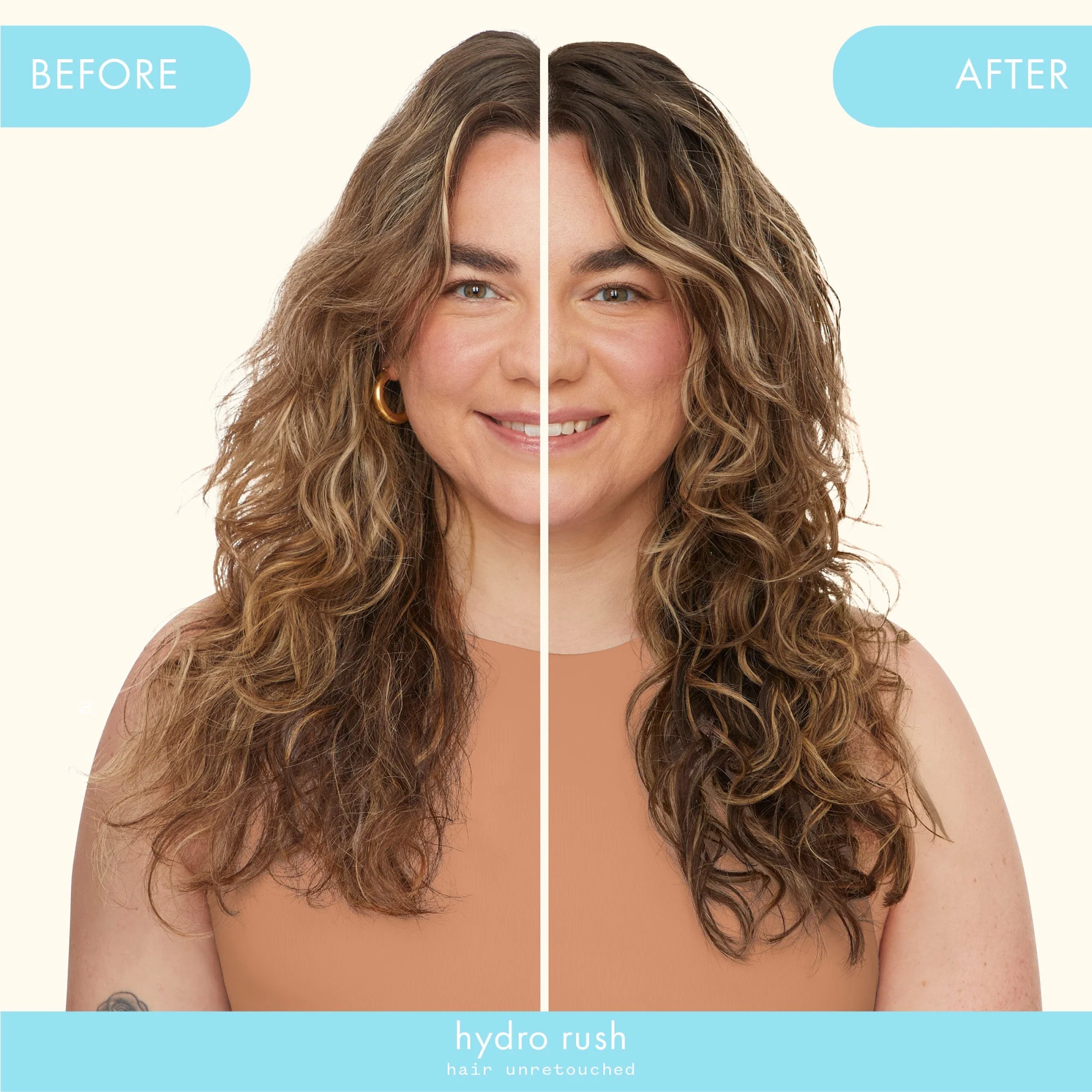 Before and after images showing the Amika Hydro Rush Intense Moisture Leave-In Conditioner by wedoskin on hair.