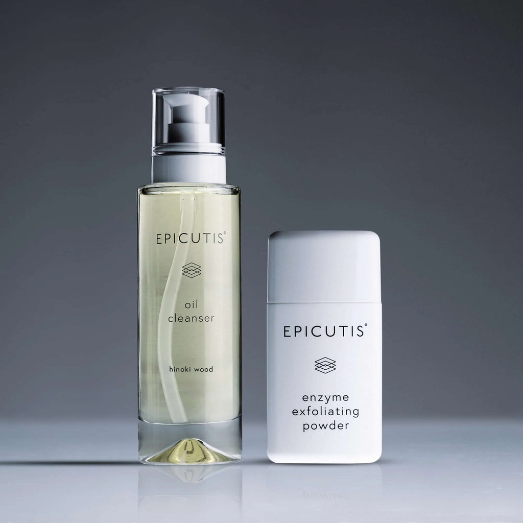 Wedoskin Epicutis Cleansing Essentials Set with skincare products in white and clear bottles on a clean surface.
