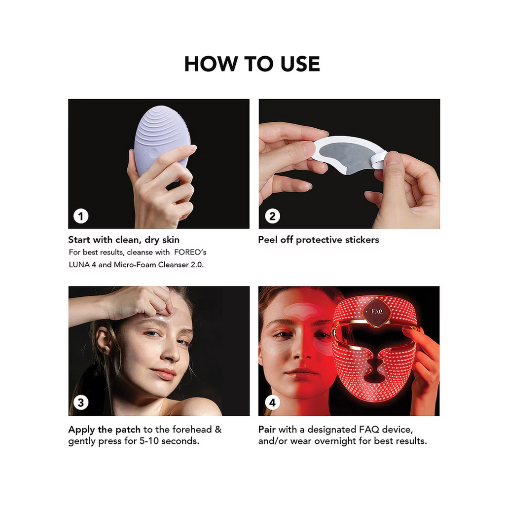 wedoskin FOREO FAQ Microneedling patches mask for forehead, showing how to apply the skincare treatment.