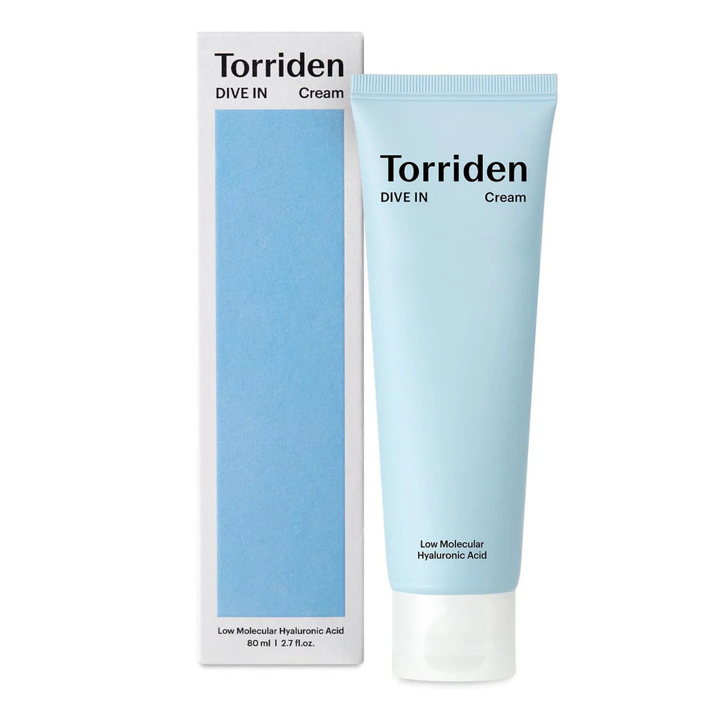HYAKU Beauty & Living TORRIDEN Dive-In low molecule hyaluronic acid face cream in 80ml jar, showing smooth cream texture and packaging