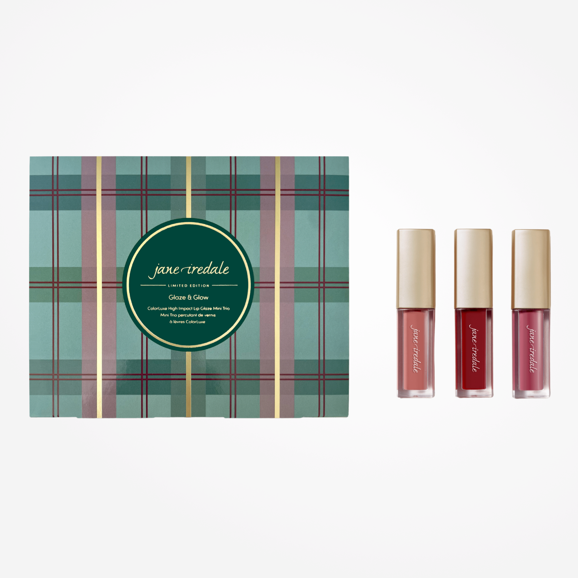 Jane Iredale Colorluxe High Impact Lip Glaze Mini Trio featuring three glossy lip glosses in sleek packaging.