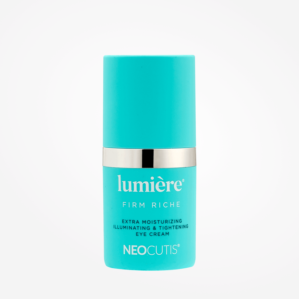Neocutis Lumière Firm Riche eye cream jar with white and gold packaging, designed for eyes, neck, and lips care.