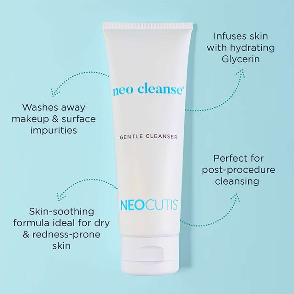 Neocutis Neo Cleanse Gentle skin cleanser in a white bottle with a pump, suitable for sensitive skin, by wedoskin.