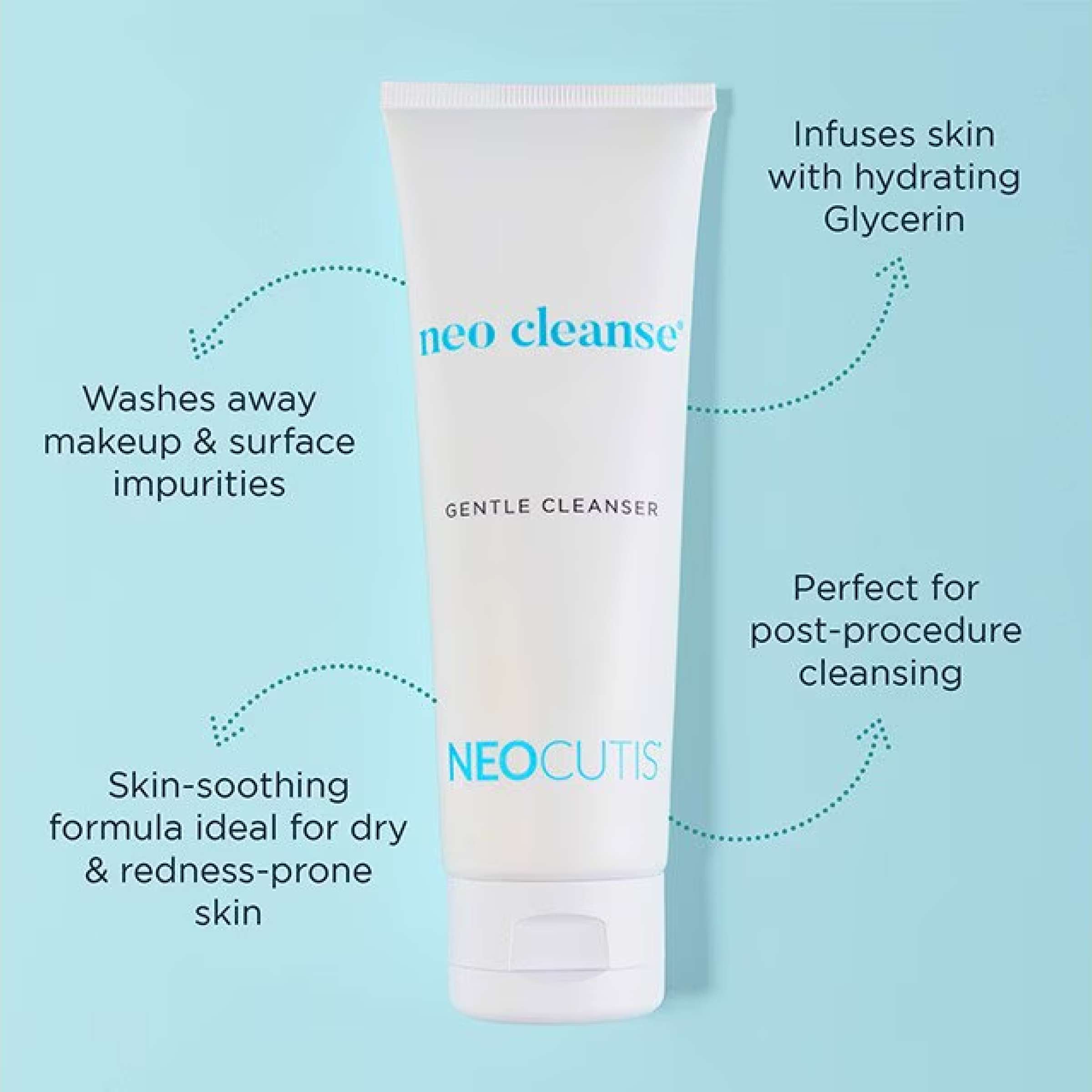 Neocutis Neo Cleanse Gentle skin cleanser in a white bottle with a pump, suitable for sensitive skin, by wedoskin.
